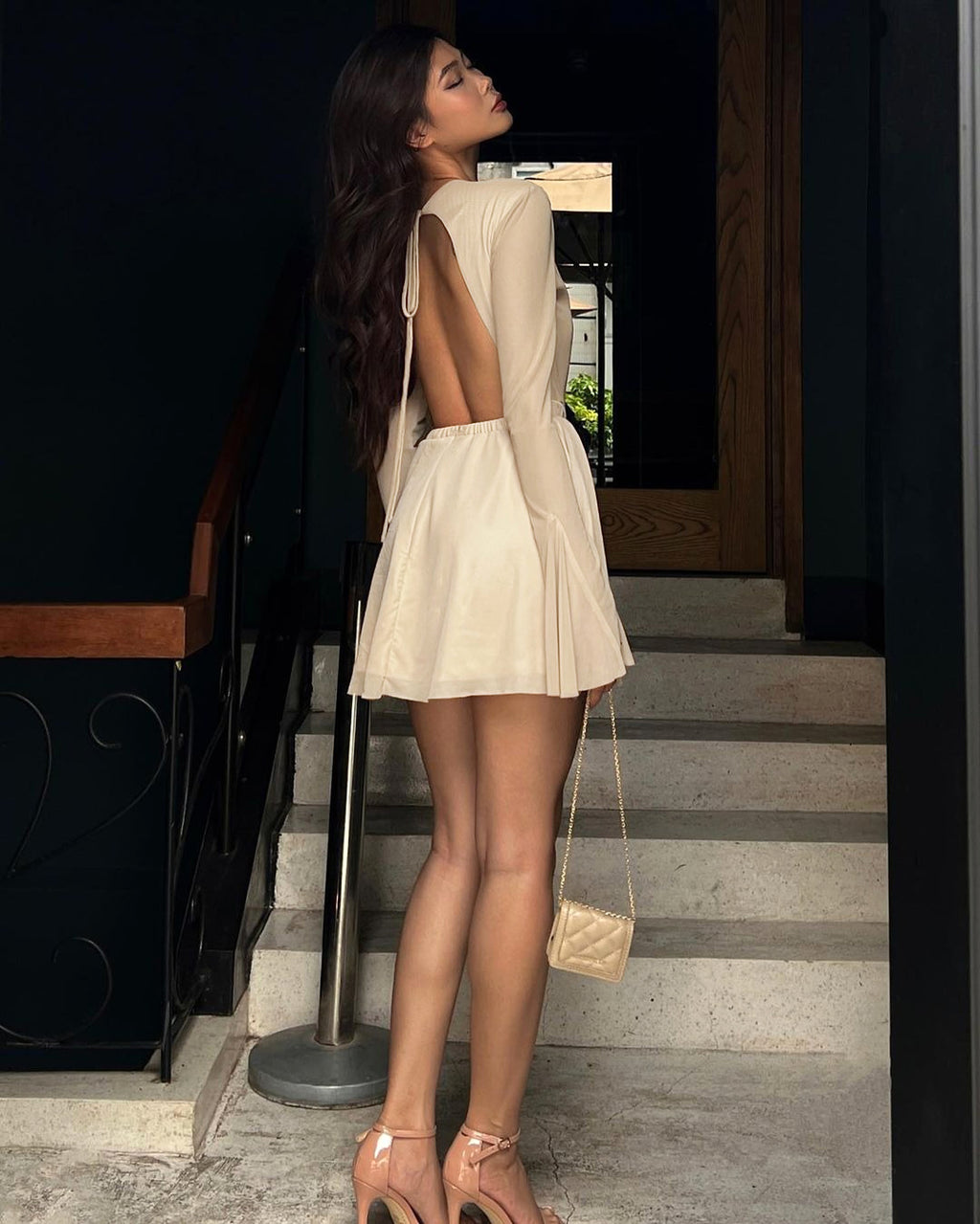 Temperament Crew Neck Horn Long Sleeve Mesh Dress Skinny Skirt - enhanced image 9