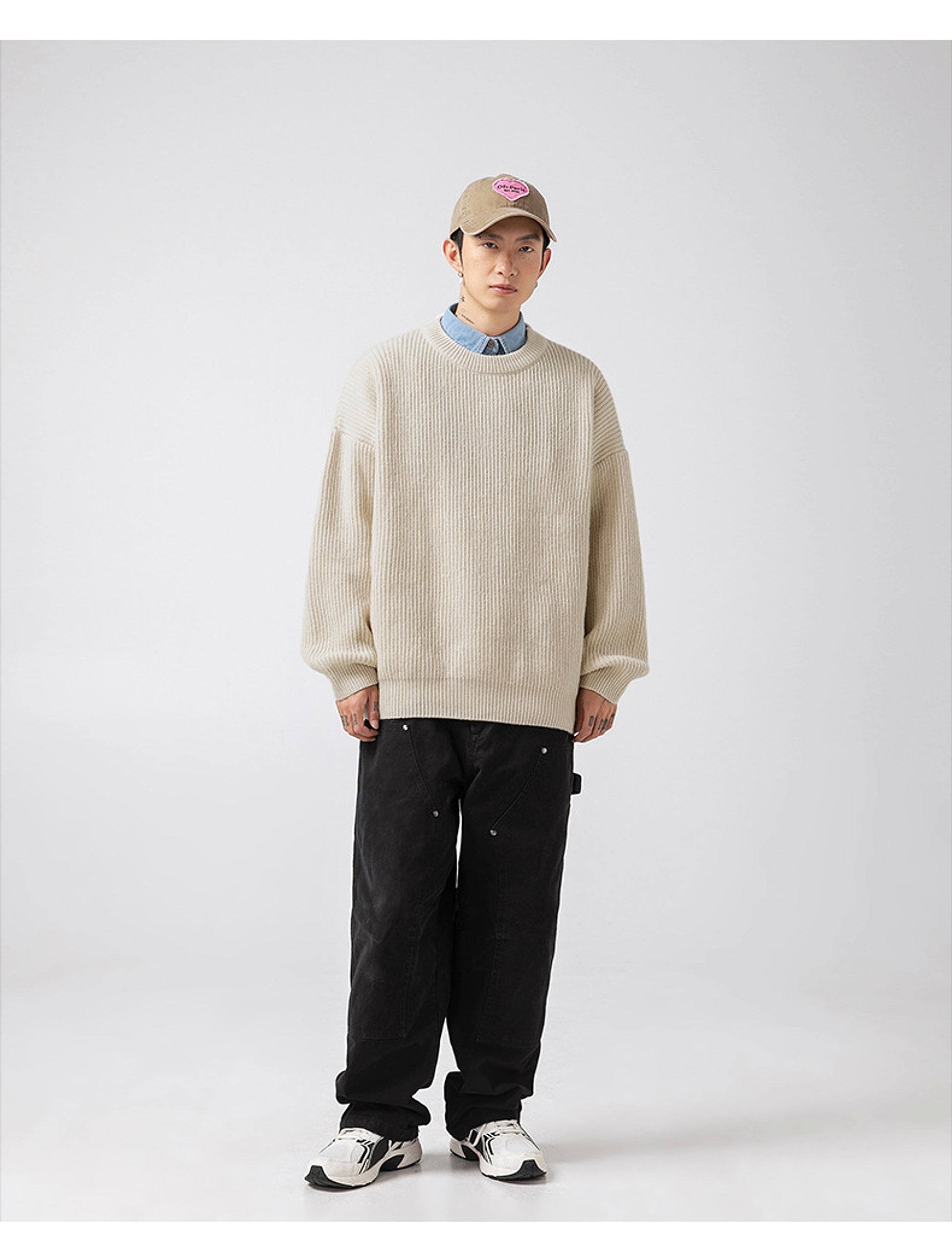 Thick Needle Sunken Stripe Texture Sweater Men's Autumn And Winter Solid Color Coat - enhanced image 9