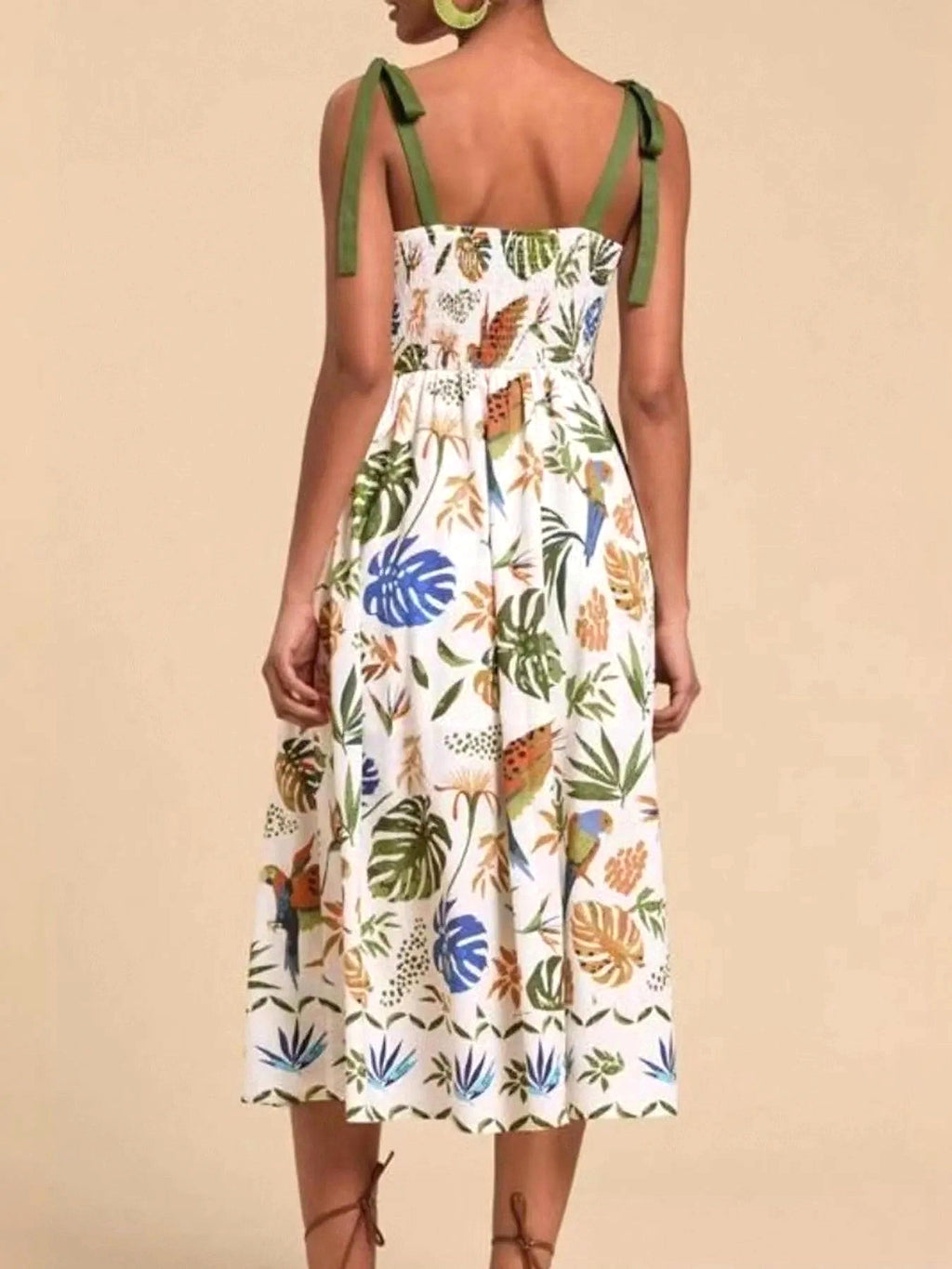 Tropical Print Tie-Shoulder Sweetheart Neck Midi Dress - enhanced image 9