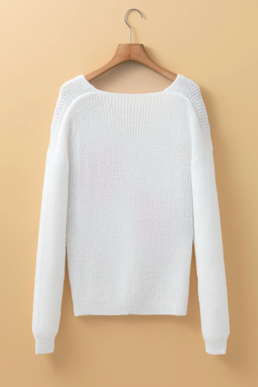 White Pearl Beaded Heart Pattern Fuzzy V Neck Sweater - enhanced image 9