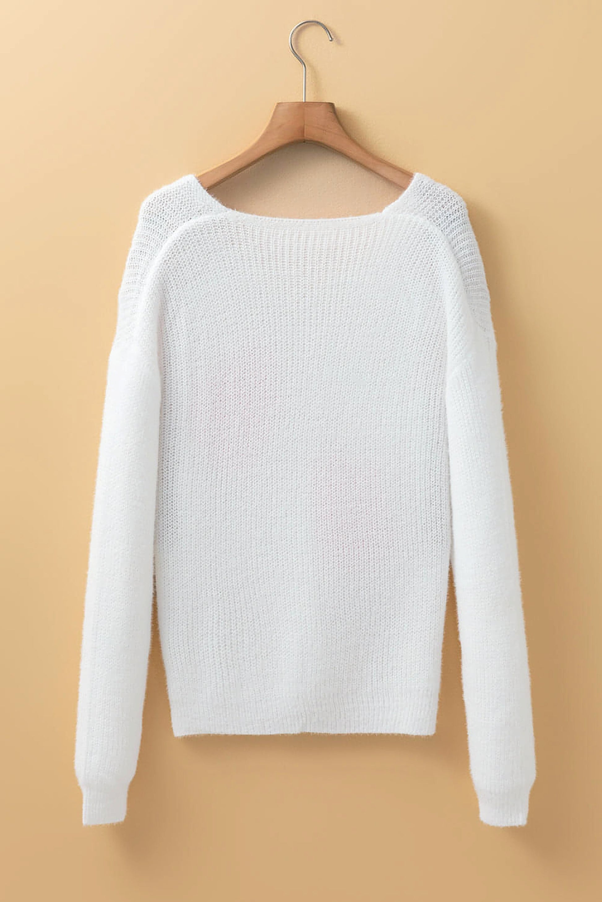 White Pearl Beaded Heart Pattern Fuzzy V Neck Sweater - enhanced image 9