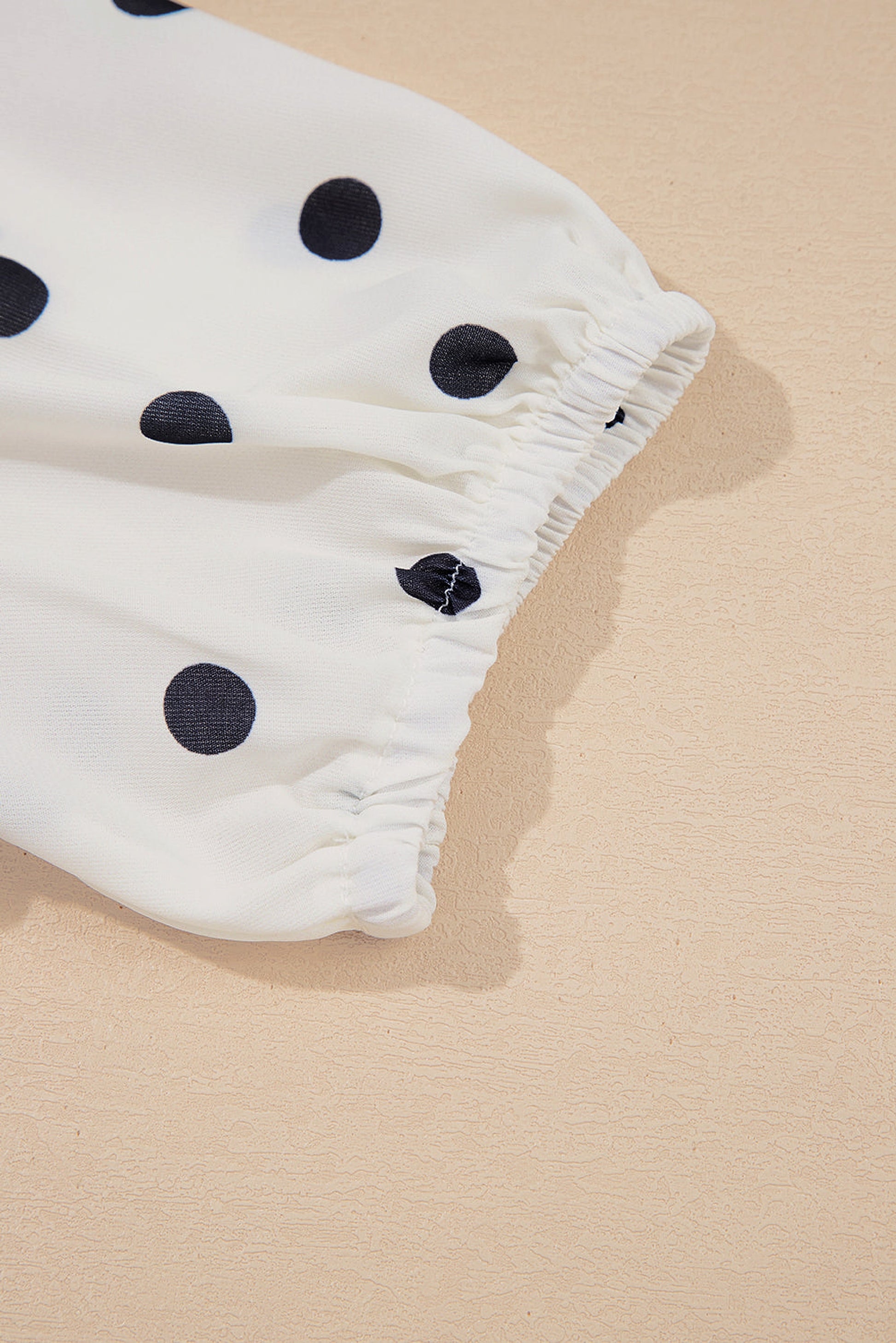 White Polka Dot Collared Lace up Font Puff Sleeve Peplum Top - enhanced image 9