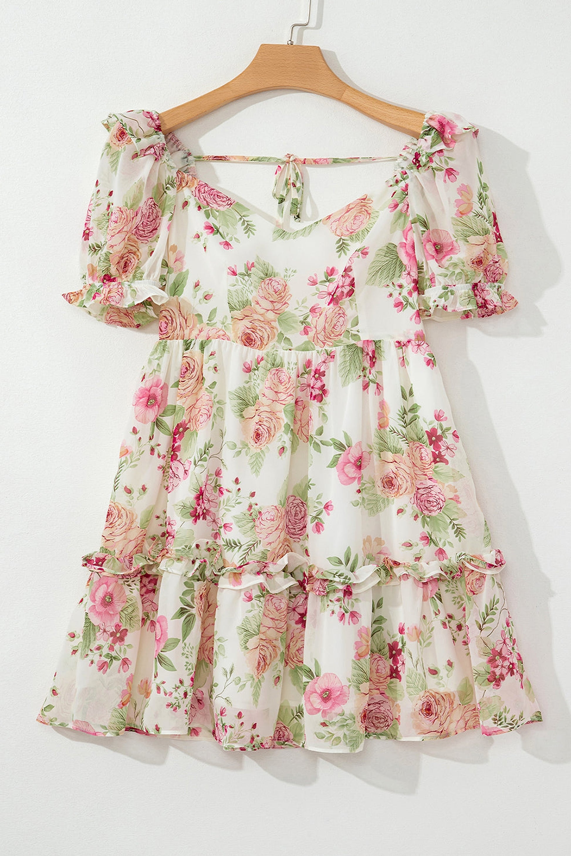 White Vibrant Floral Bubble Sleeve Sweetheart Neck Ruffle Mini Dress - enhanced image 9