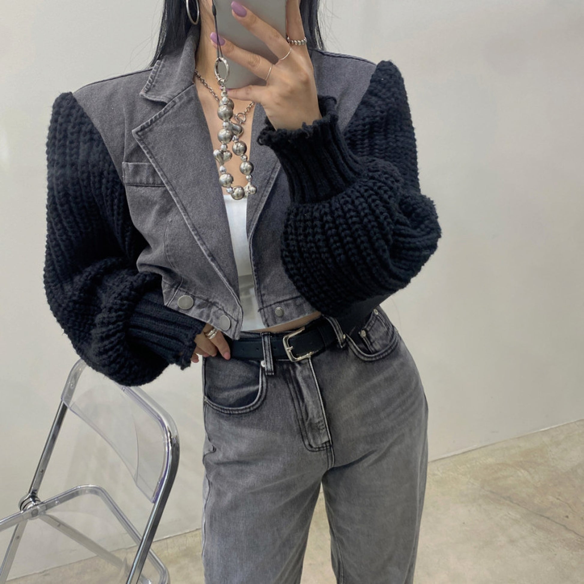 Women's Retro Minority Patchwork Knitting Denim Jacket - enhanced image 9