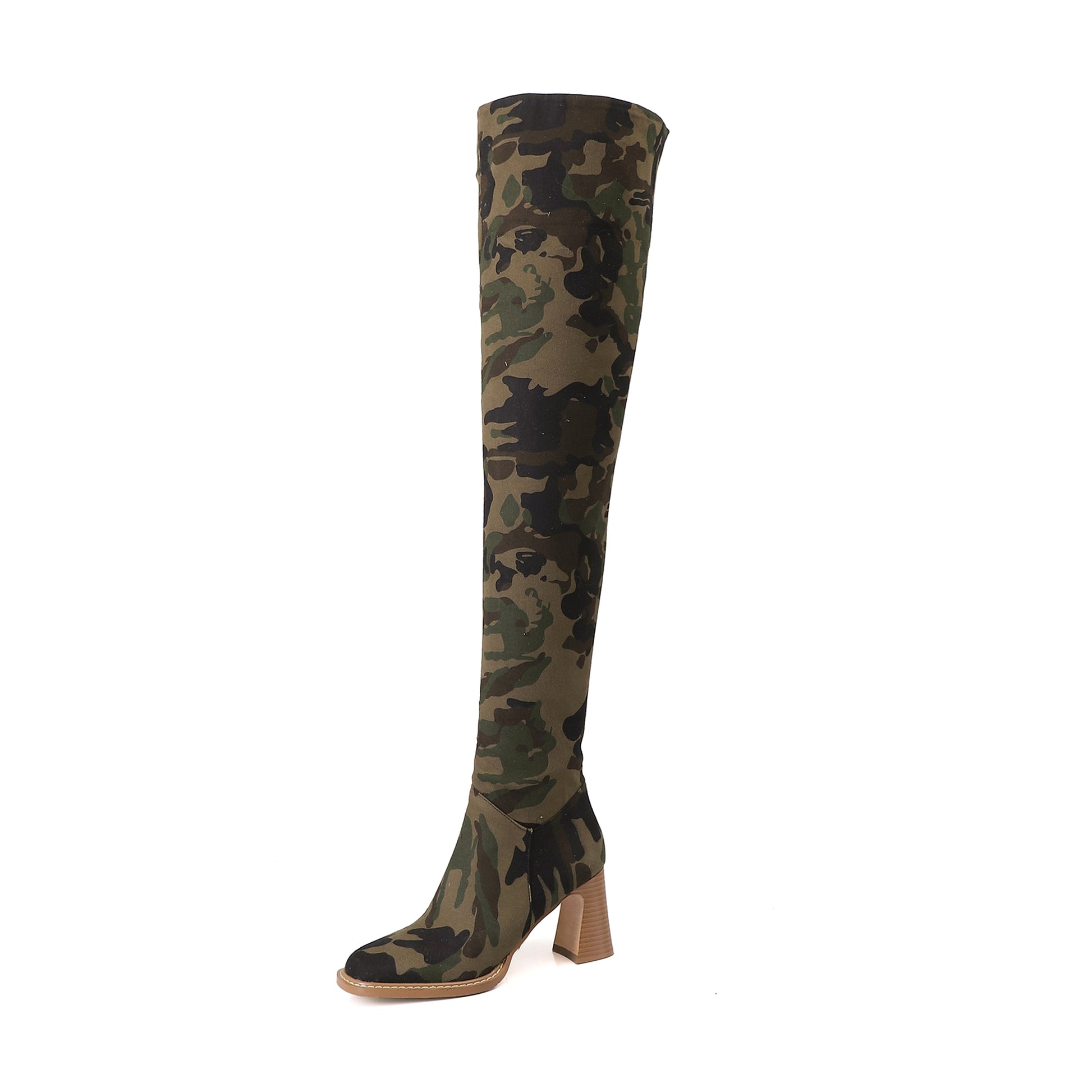 Women's Round Head Camouflage Denim Chunky Heel Long Boots - enhanced image 9