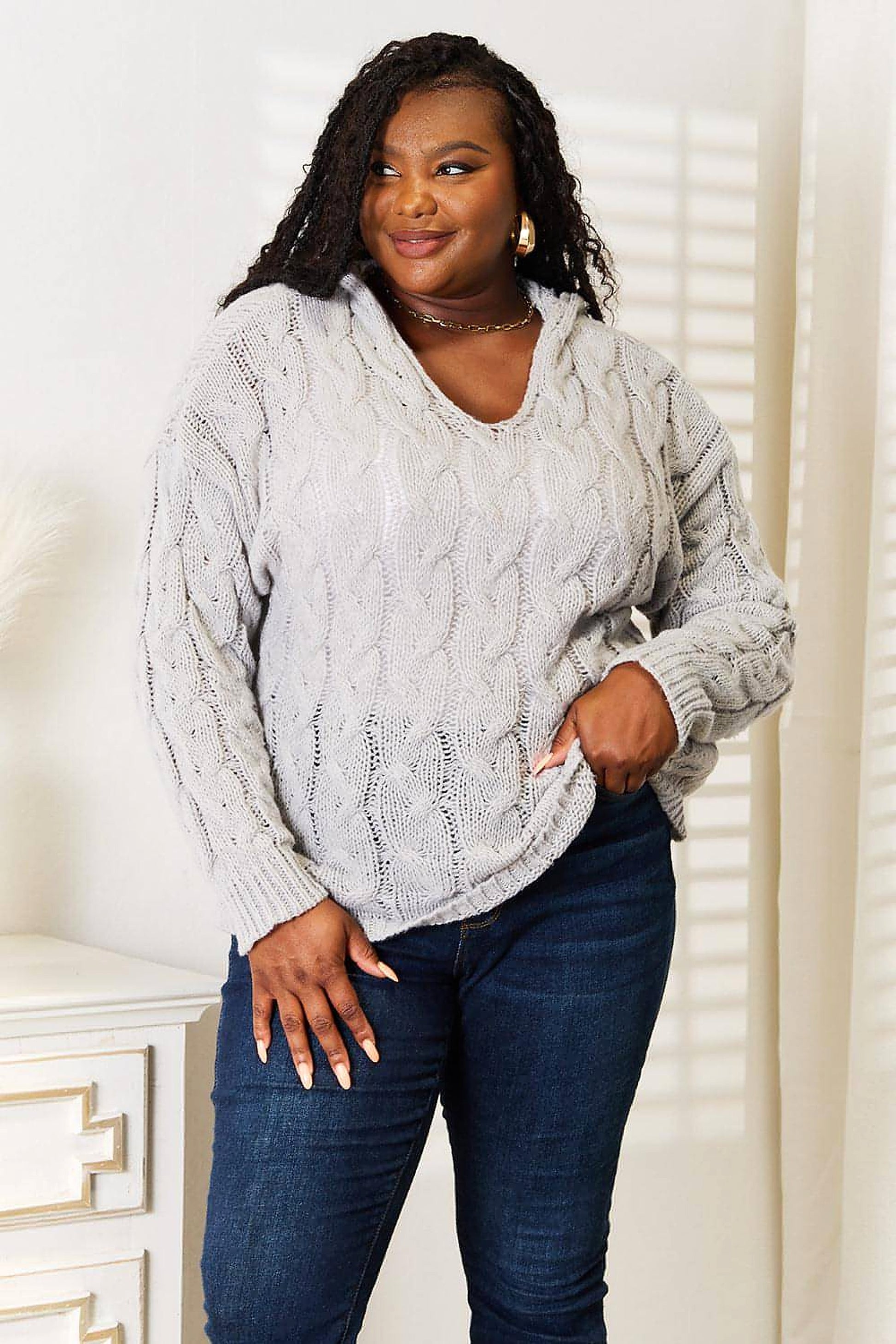 Woven Right Cable-Knit Hooded Sweater. - enhanced image 9