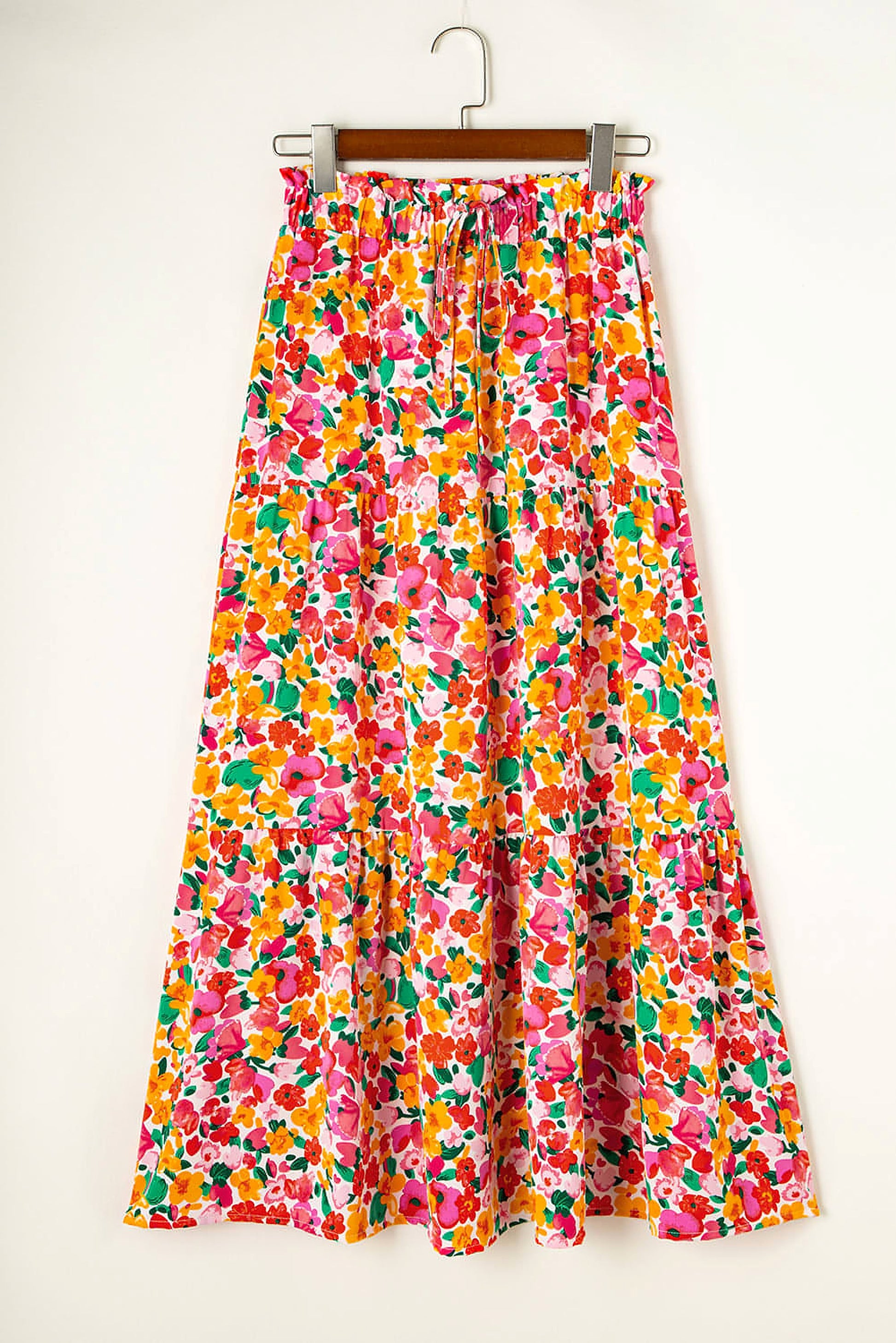 Yellow Boho Floral Print Tiered Long Skirt - enhanced image 9