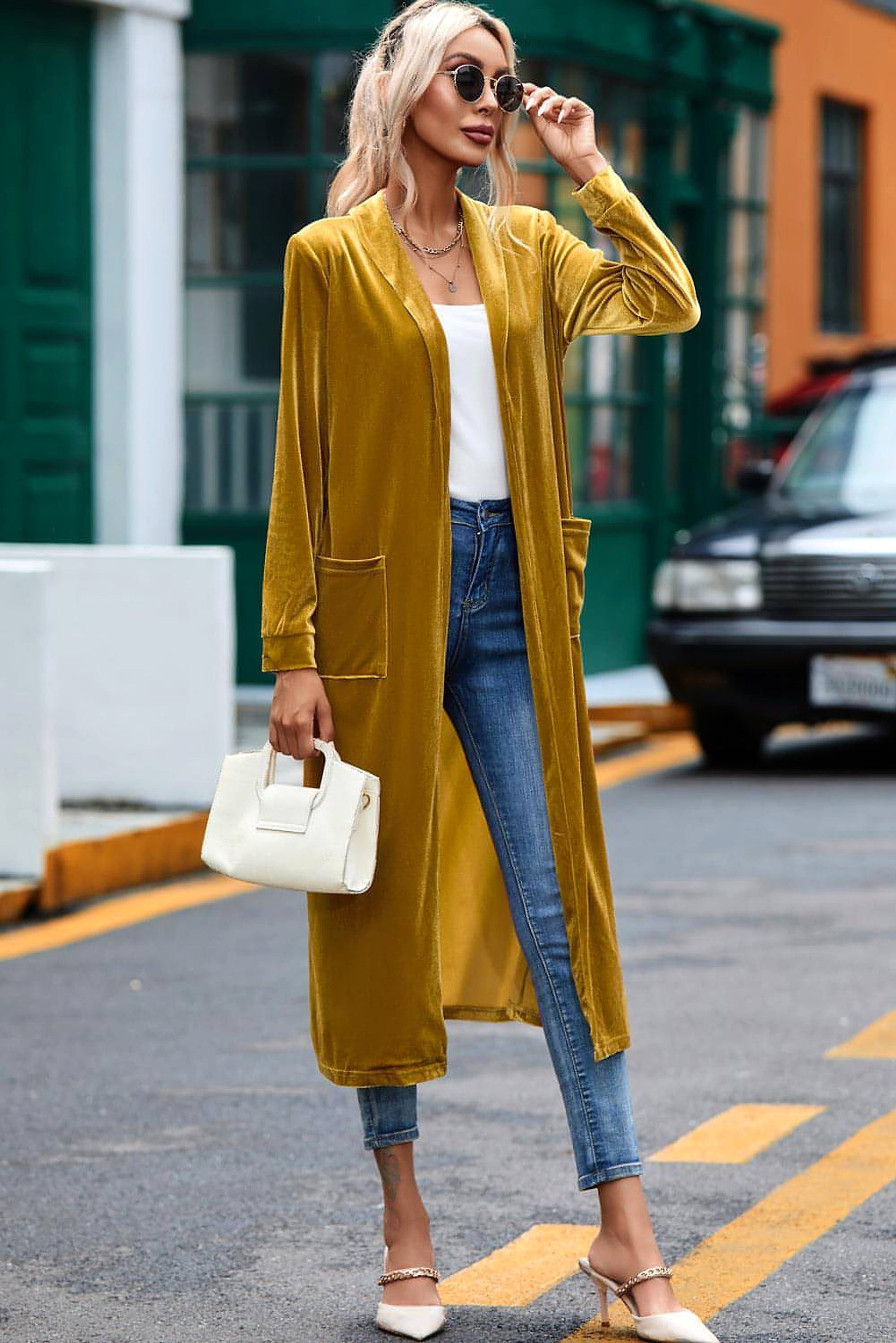 Yellow Velvet Open Front Pocketed Long Duster - enhanced image 9