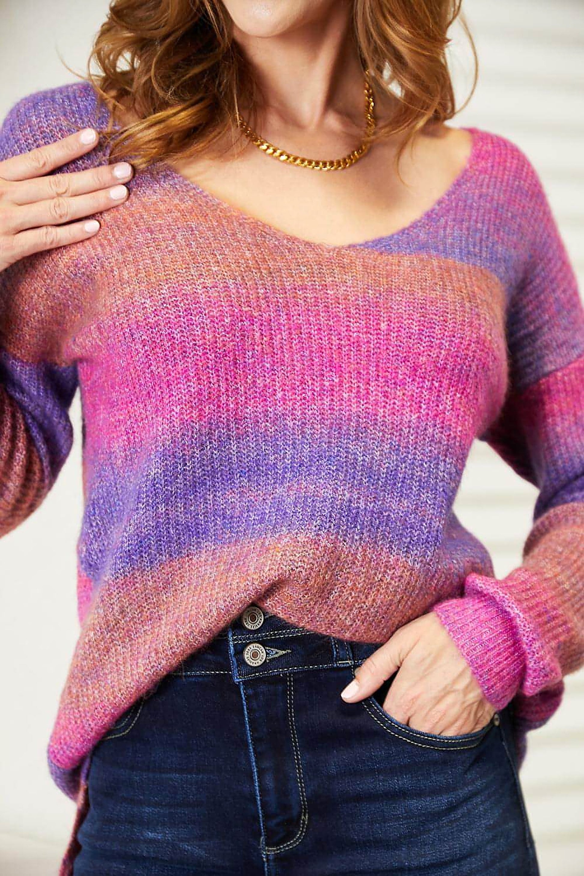 Angel Wings Multicolored Rib-Knit V-Neck Knit Pullover - enhanced image 10