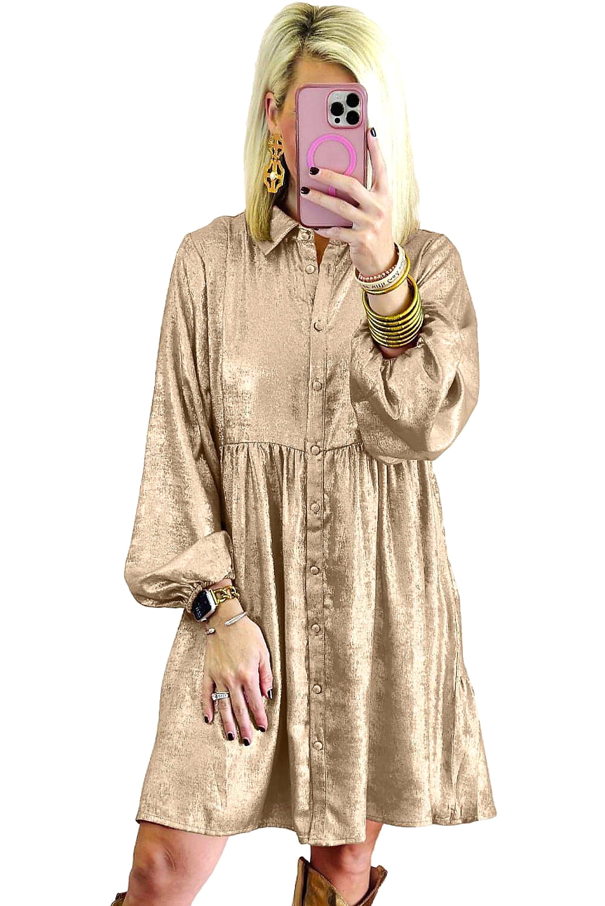 Apricot Metallic Sheen Puff Sleeve Button Up Mini Shirt Dress - enhanced image 10