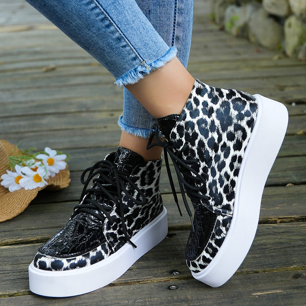Autumn New High-top Leopard Print Flat-heeled Platform Lace Color Block Casual Women's Shoes - enhanced image 10