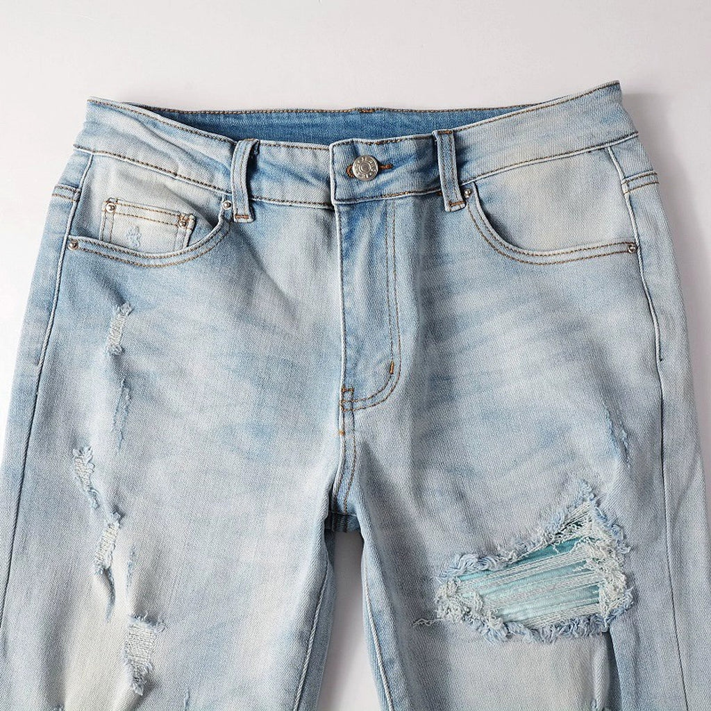 Baby Blue Wash Water Worn Patch Torn Jeans Male - enhanced image 10