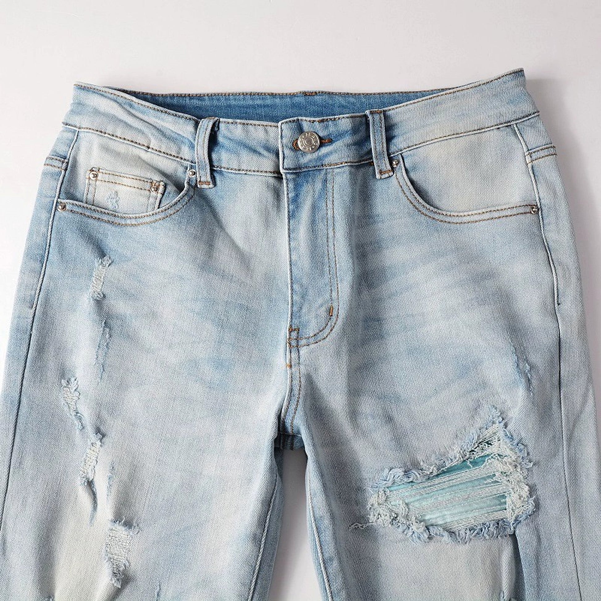 Baby Blue Wash Water Worn Patch Torn Jeans Male - enhanced image 10