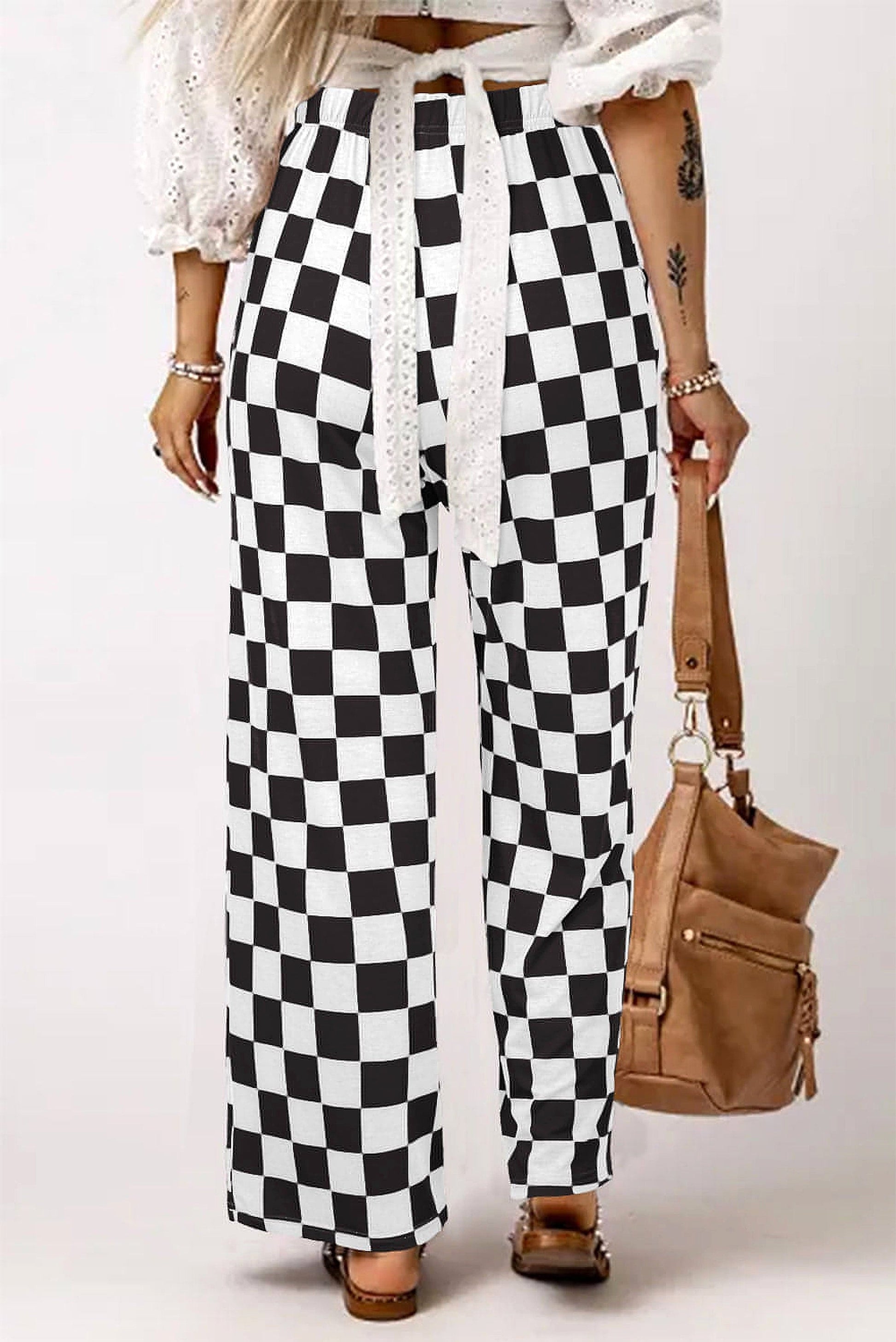 Black 2-Tone Checked Print High Waist Wide Leg Pants - enhanced image 10