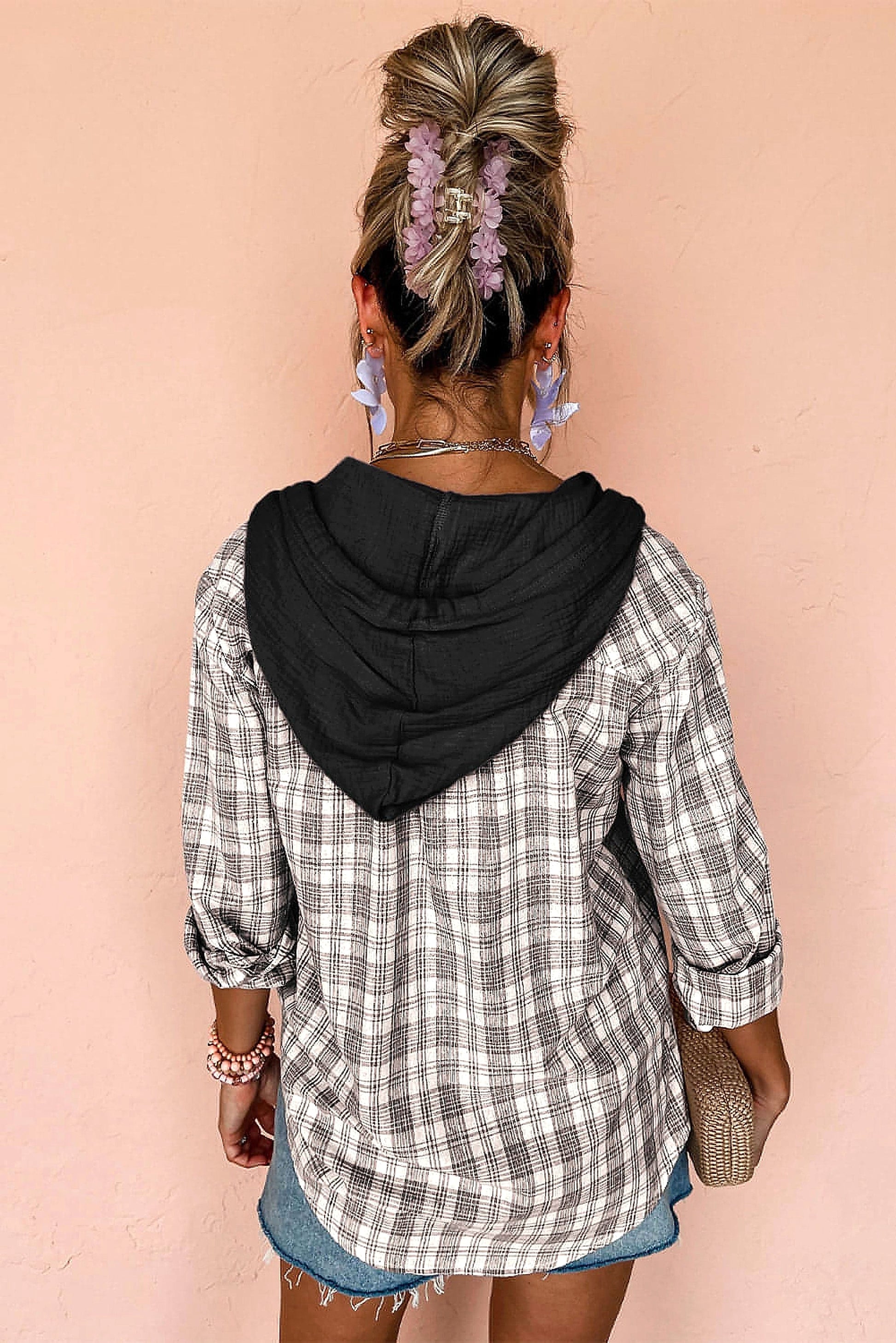Black Checkered Print Loose Fit Buttoned Hooded Shacket - enhanced image 10