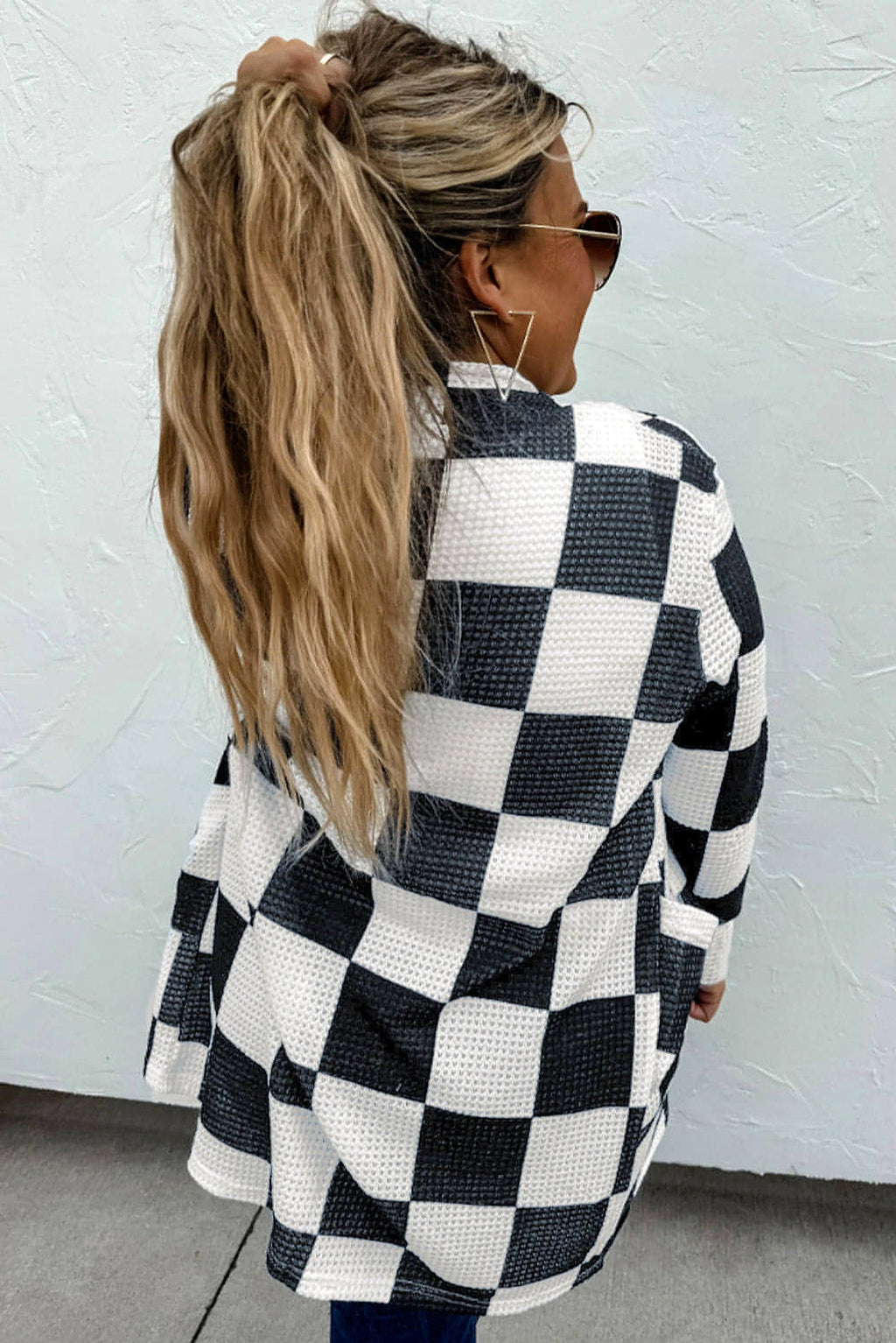 Black Checkered Waffle Knit Thumbhole Open Front Cardigan - enhanced image 10
