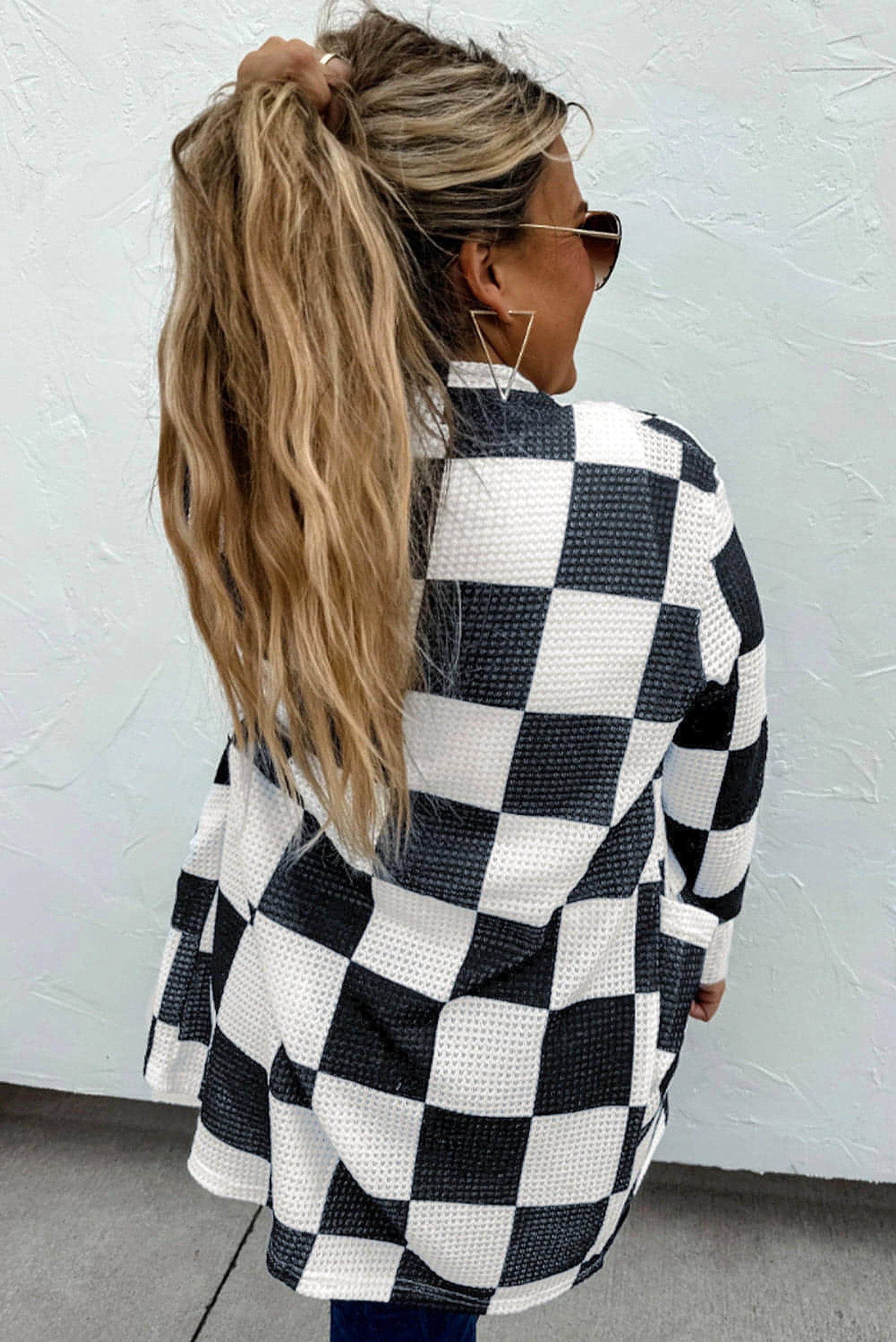 Black Checkered Waffle Knit Thumbhole Open Front Cardigan - enhanced image 10