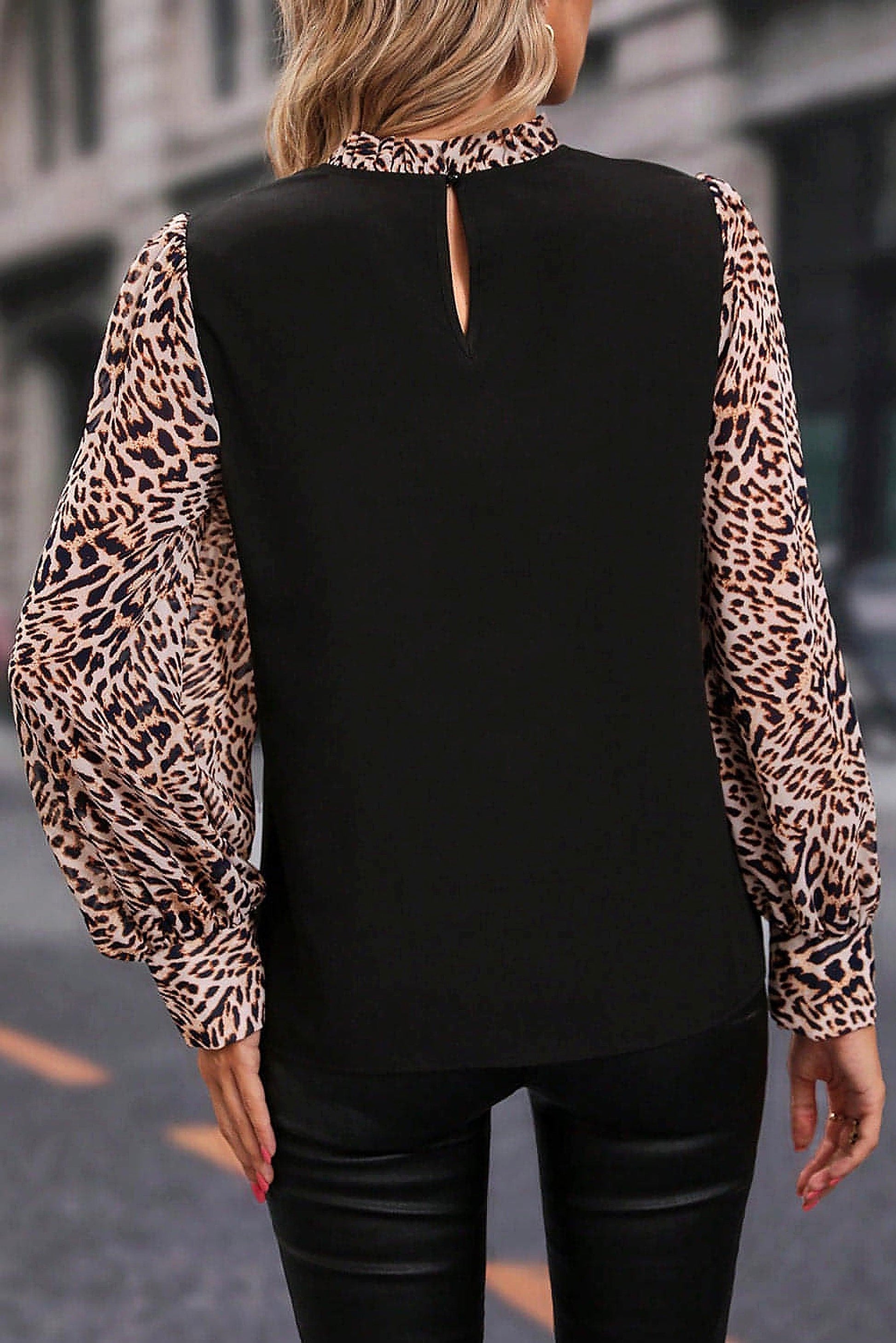 Black Contrast Leopard Print Lantern Sleeve Blouse - enhanced image 10