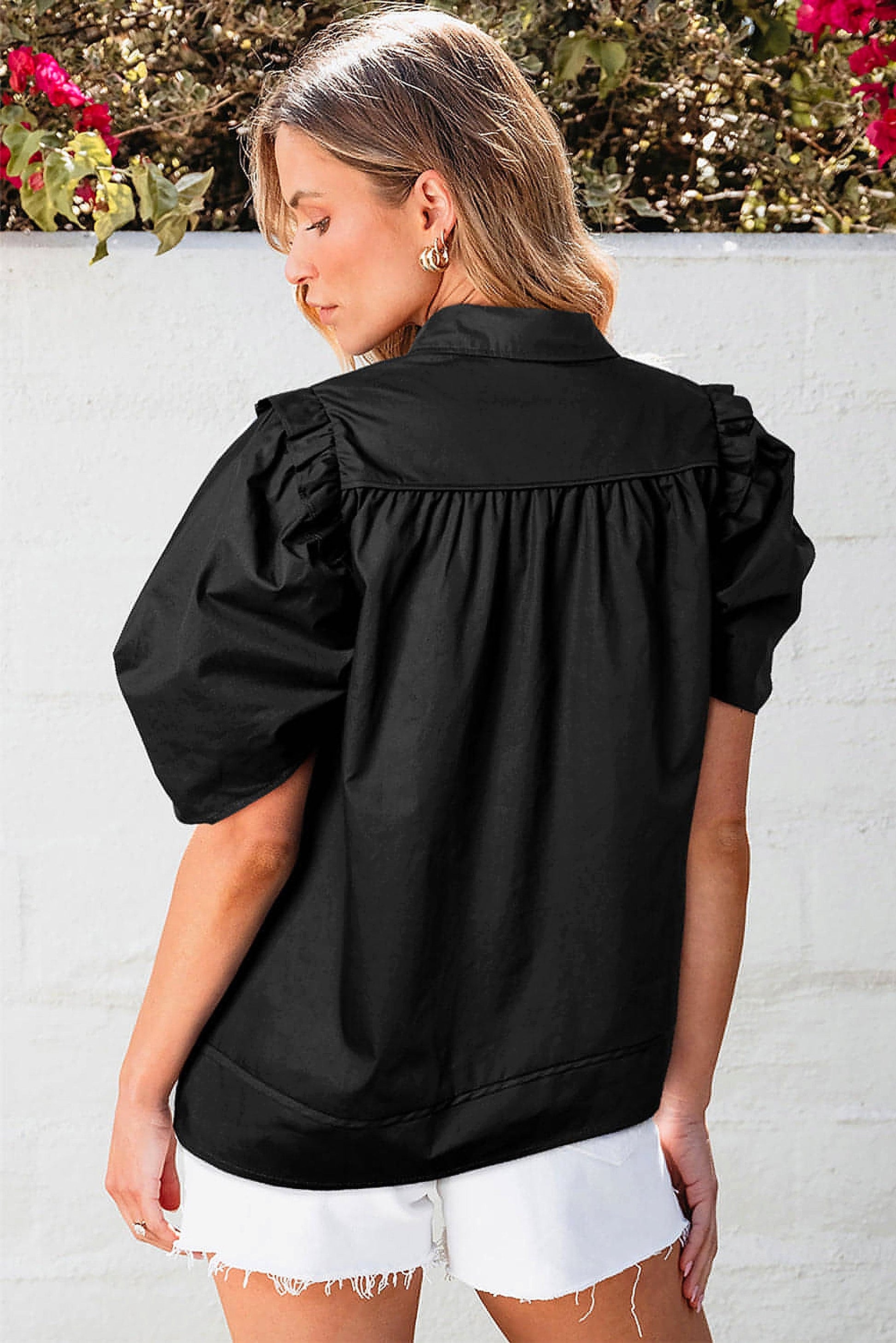Black Crisp Puff Sleeve Loose Shirt - enhanced image 10