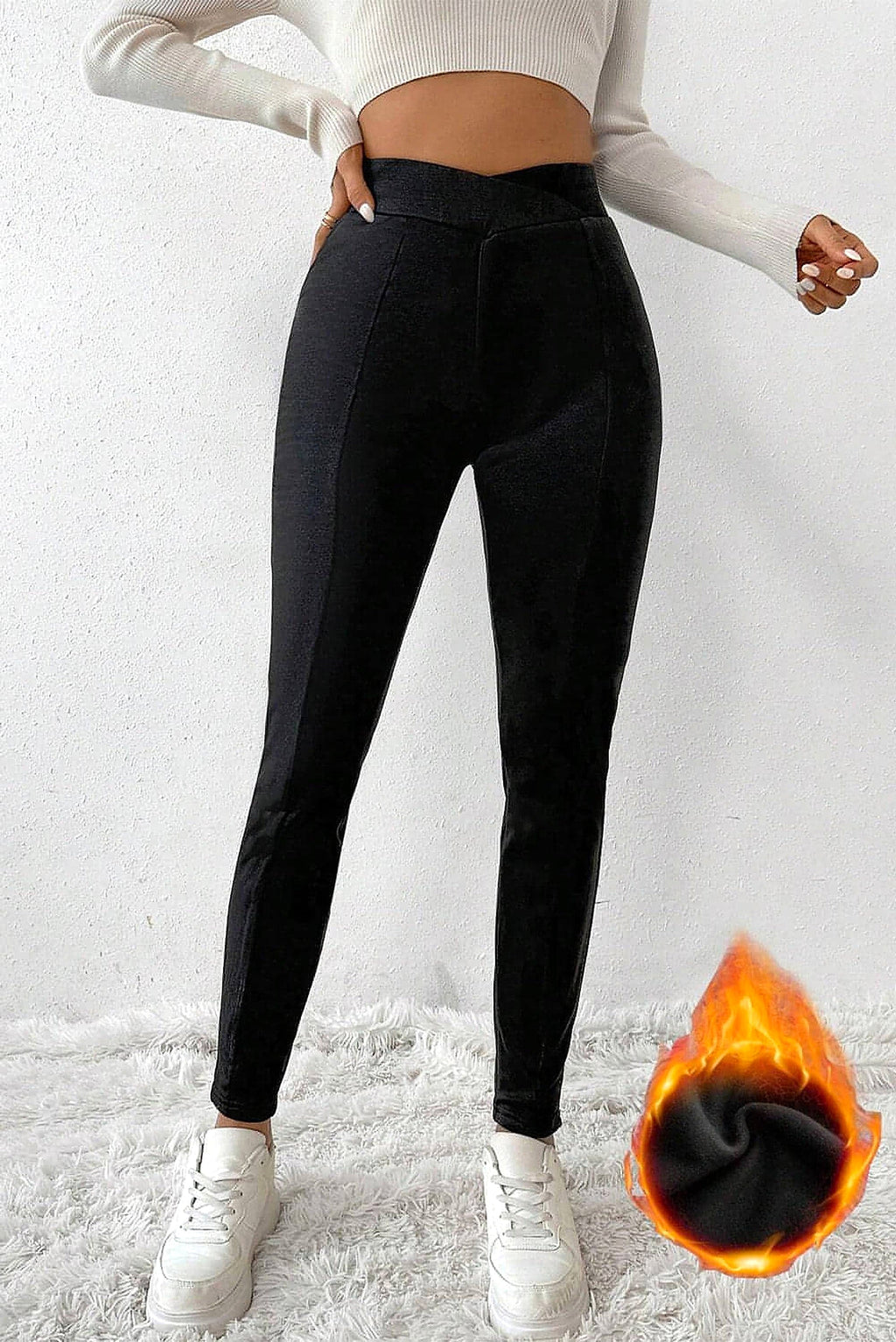 Black Crossed Waist Seamed Leg Thermal Leggings - enhanced image 10