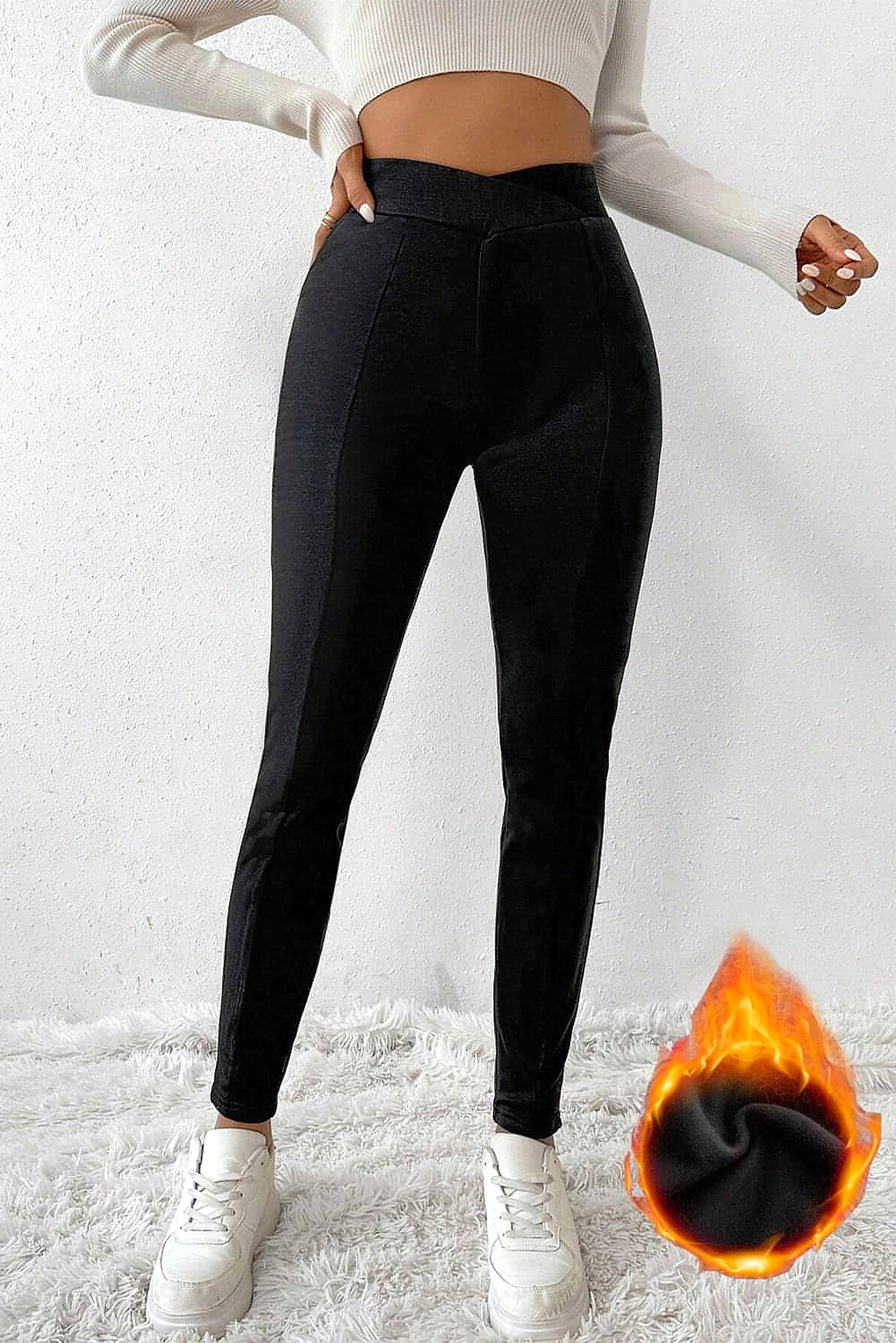 Black Crossed Waist Seamed Leg Thermal Leggings - enhanced image 10