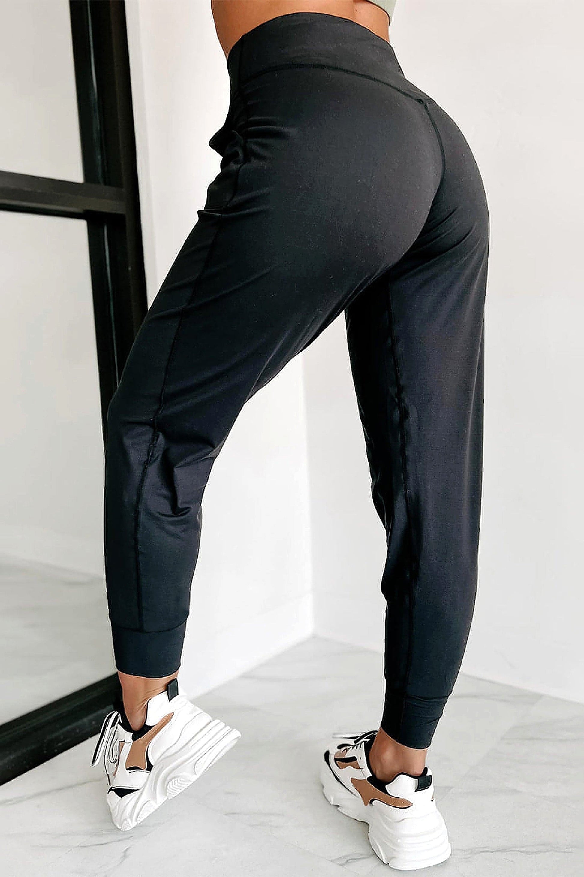 Black Exposed Seam High Waist Pocketed Joggers - enhanced image 10
