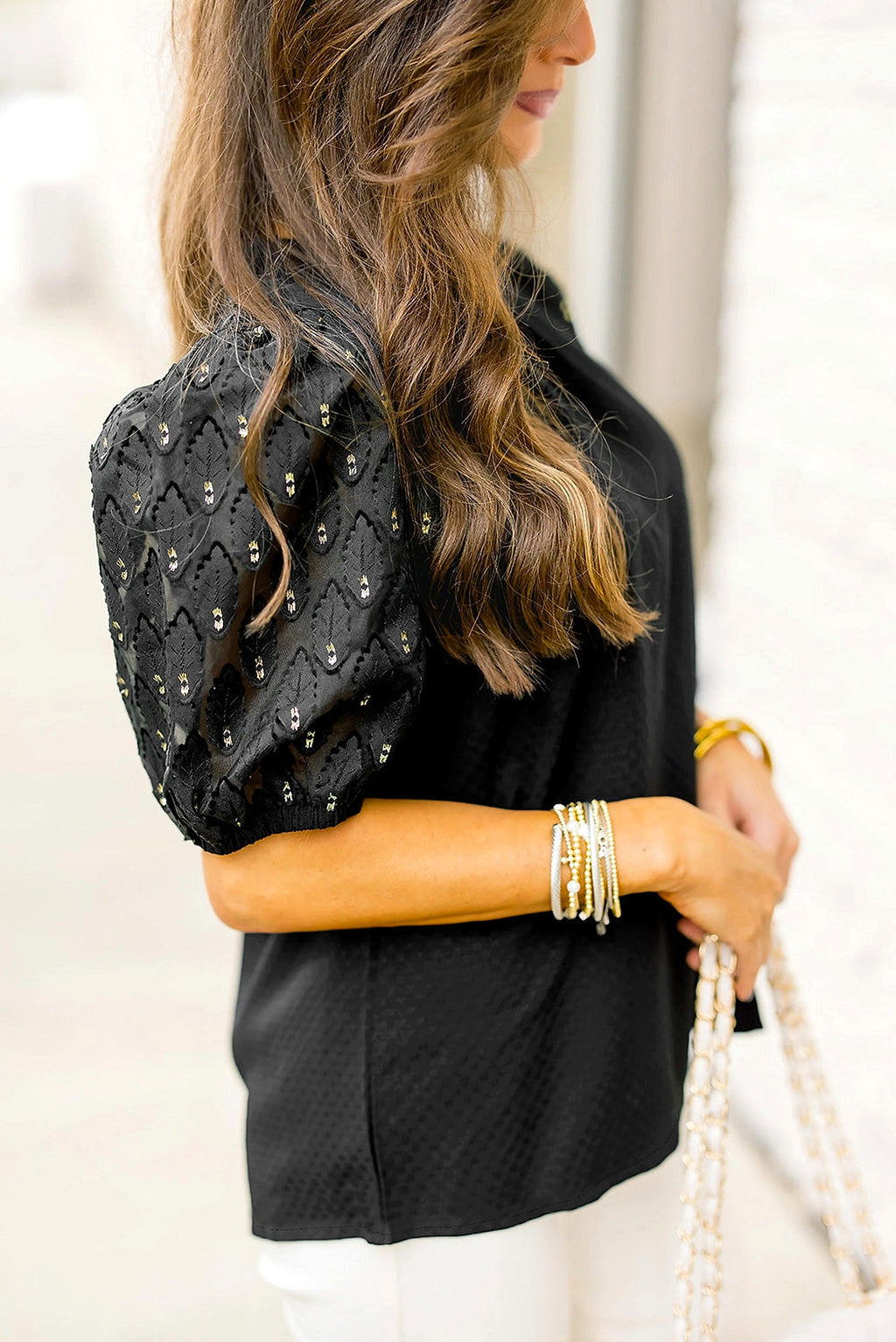 Black Feather Bubble Sleeve Patchwork Textured Blouse - enhanced image 10