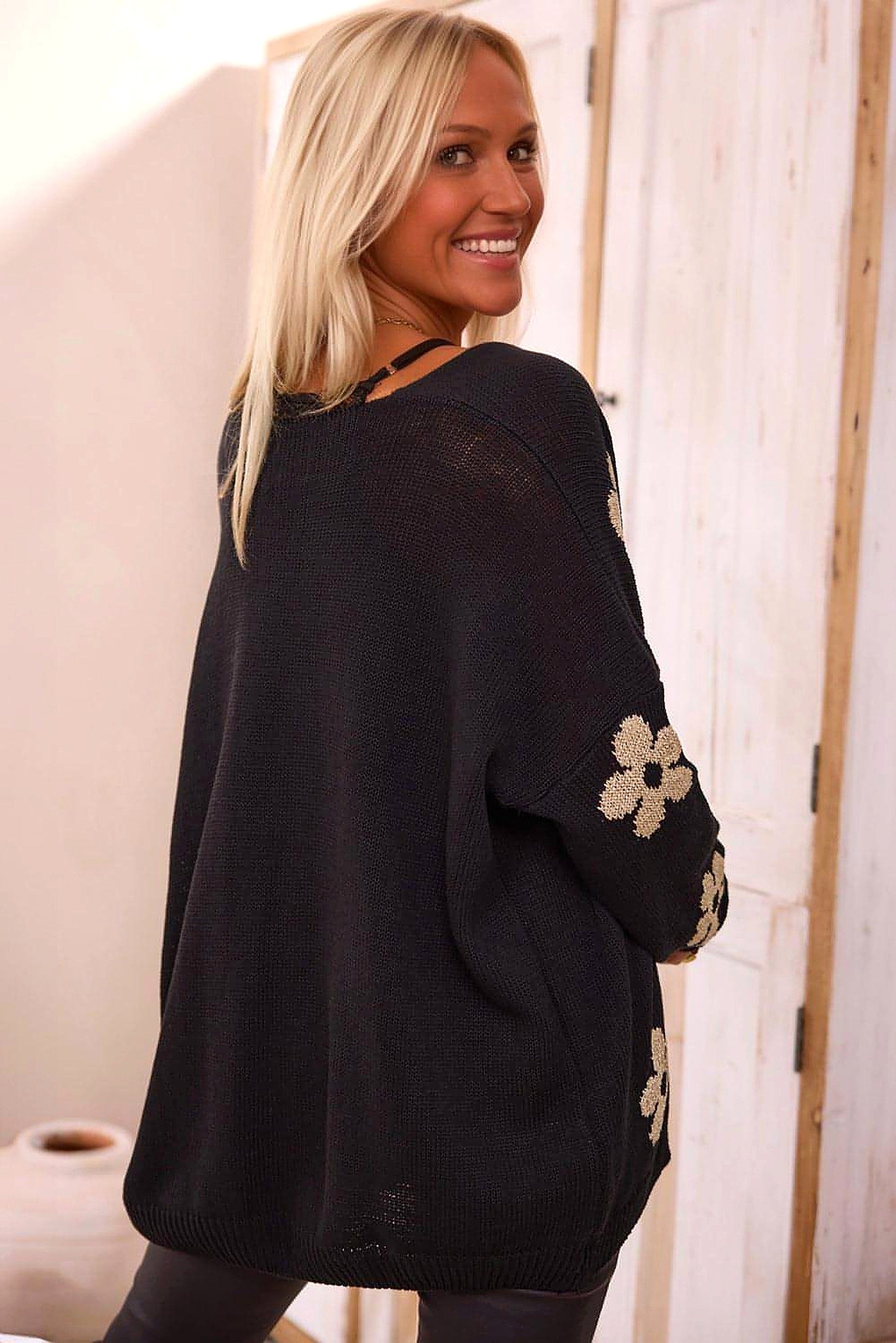 Black Floral Print Knitted Open Front Loose Cardigan - enhanced image 10