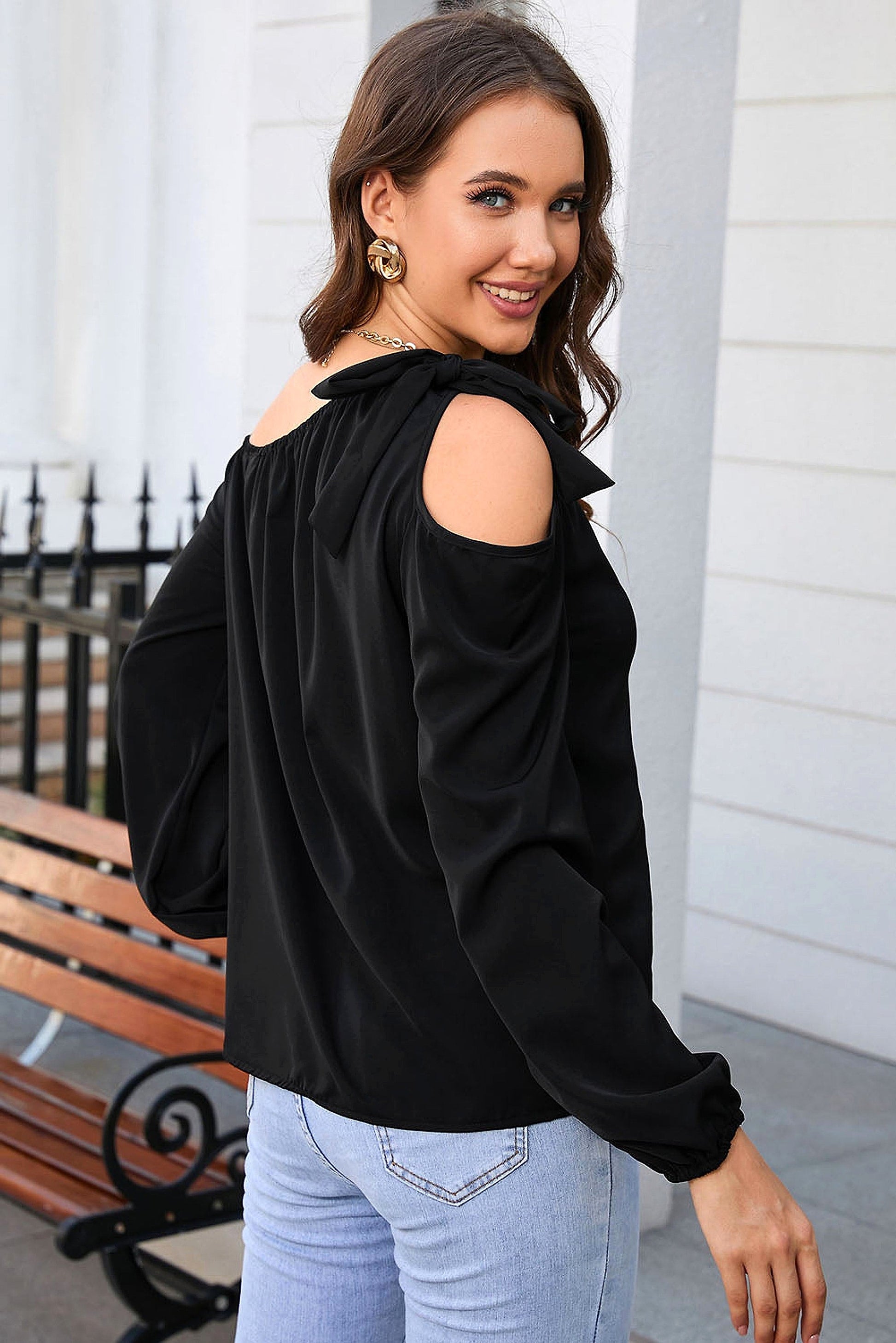 Black Knotted Asymmetric Off Shoulder Blouse - enhanced image 10