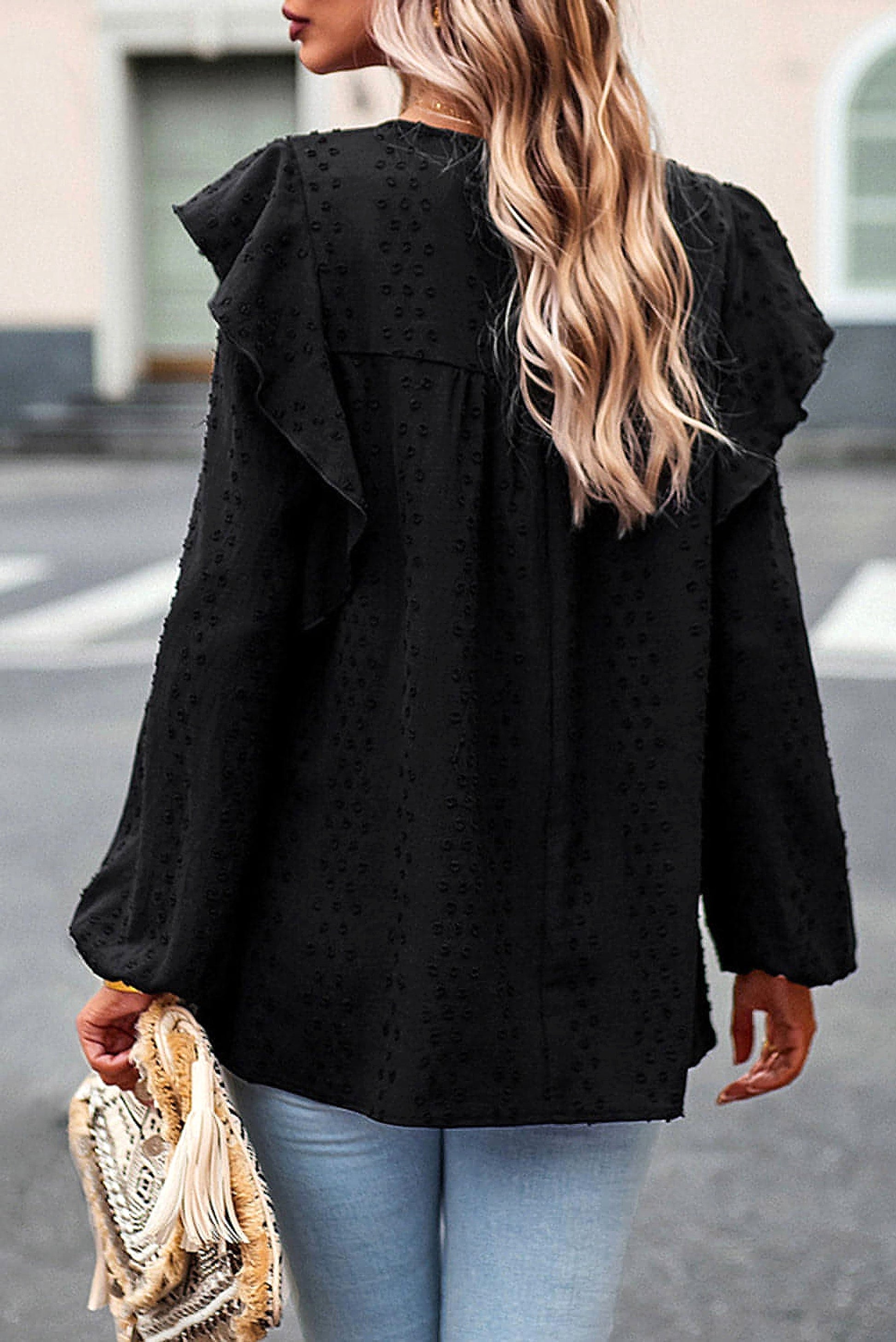 Black Lace Eyelet Ruffle Shoulder Long Sleeve Blouse - enhanced image 10
