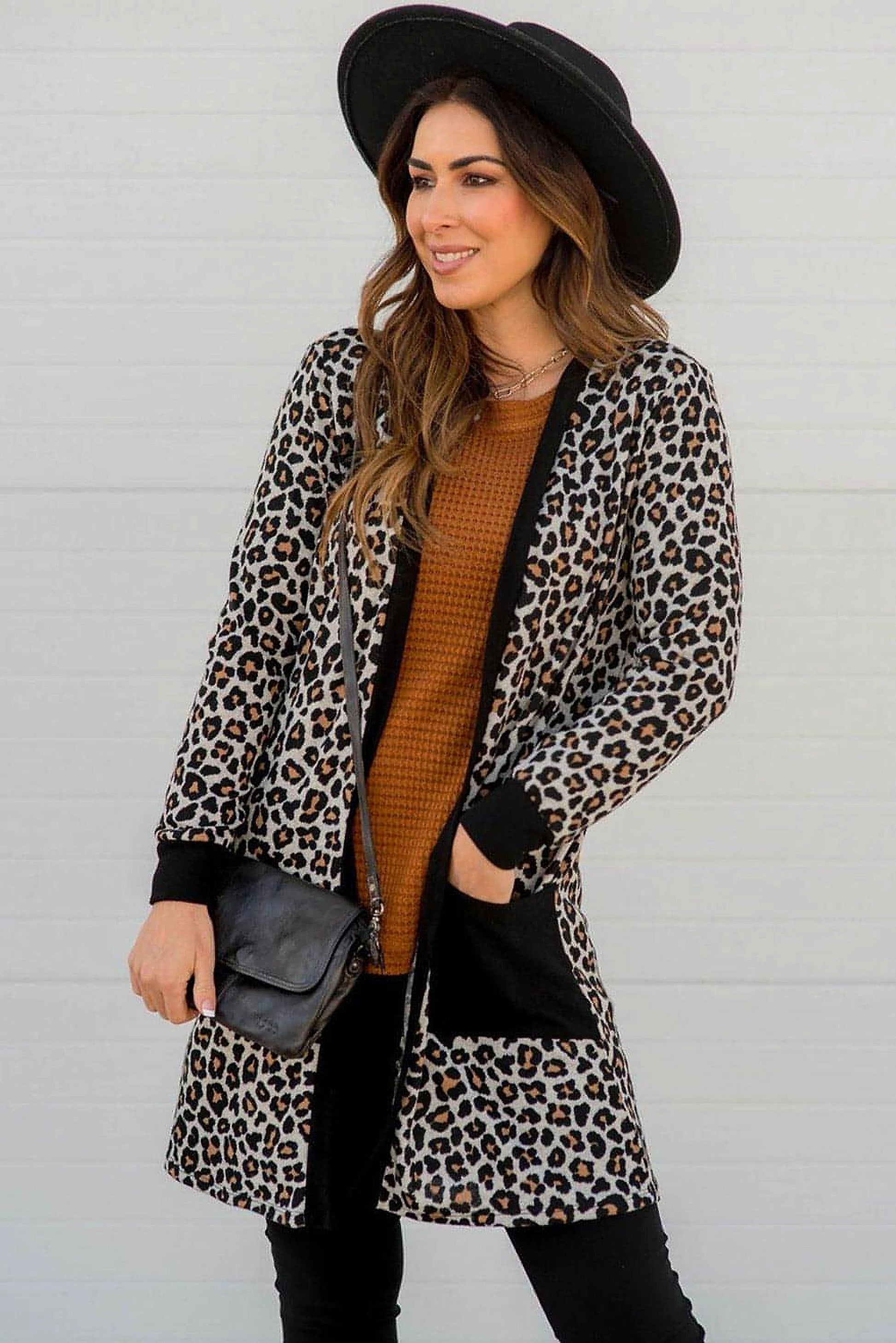Black Leopard Patched Pocket Open Front Cardigan - enhanced image 10