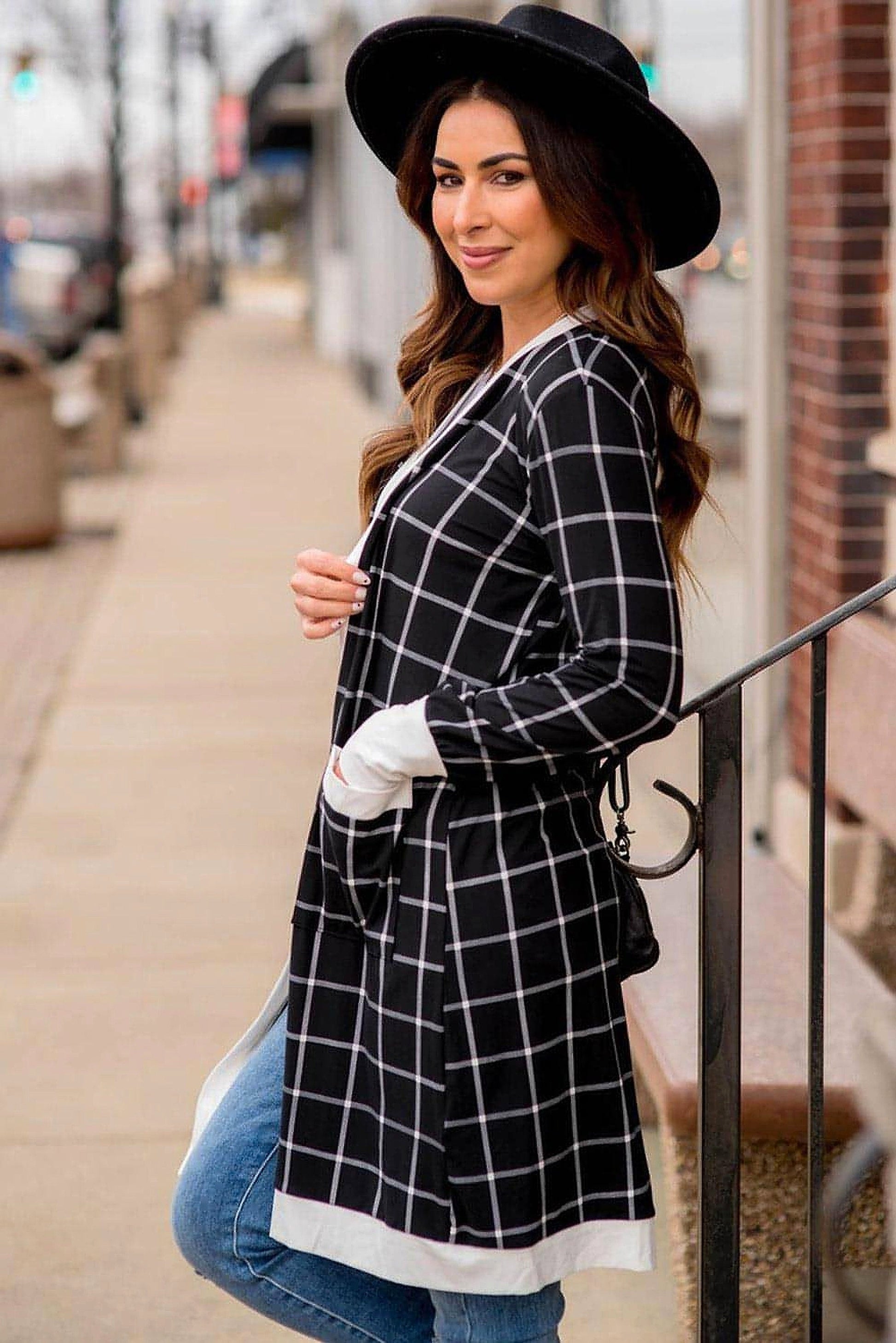 Black Plaid Colorblock Edge Open Cardigan with Pocket - enhanced image 10