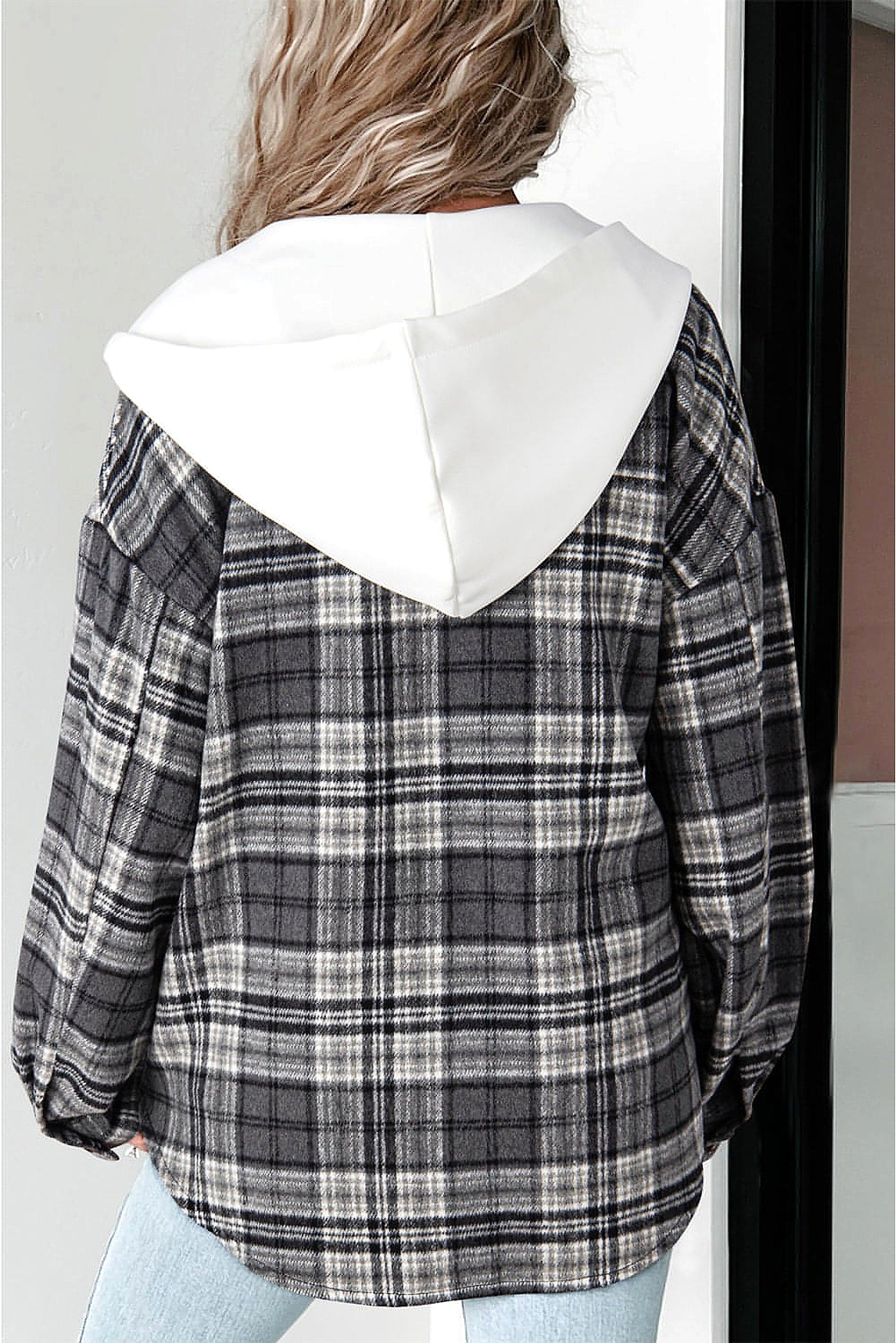 Black Plaid Print Flap Pockets Contrast Hooded Loose Shacket. - enhanced image 10