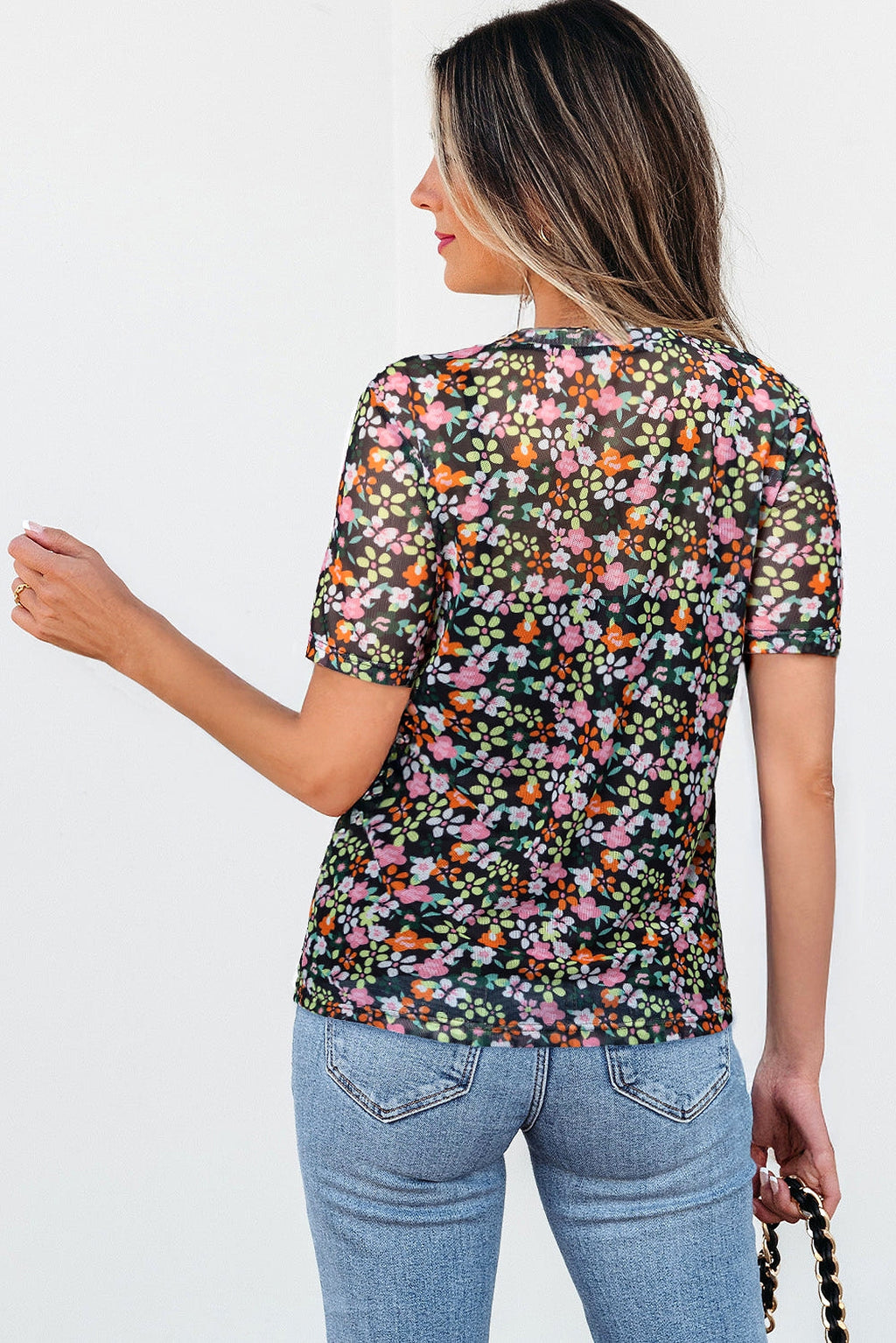 Black Sheer Floral Mesh Round Neck T Shirt - enhanced image 10