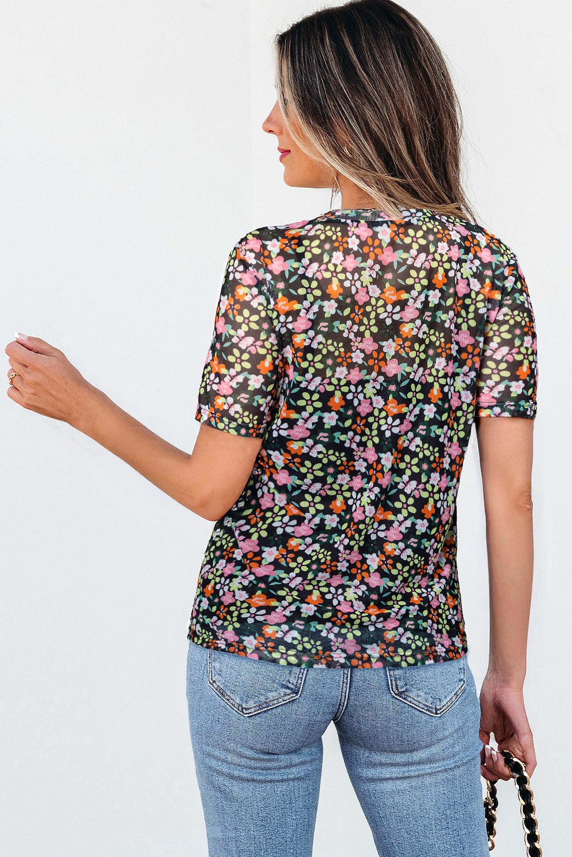 Black Sheer Floral Mesh Round Neck T Shirt - enhanced image 10