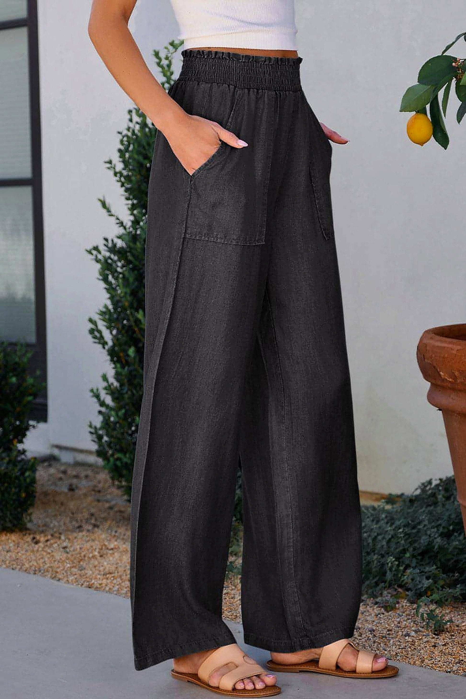Black Side Pockets Frilled Smocked High Waist Wide Leg Jeans - enhanced image 10