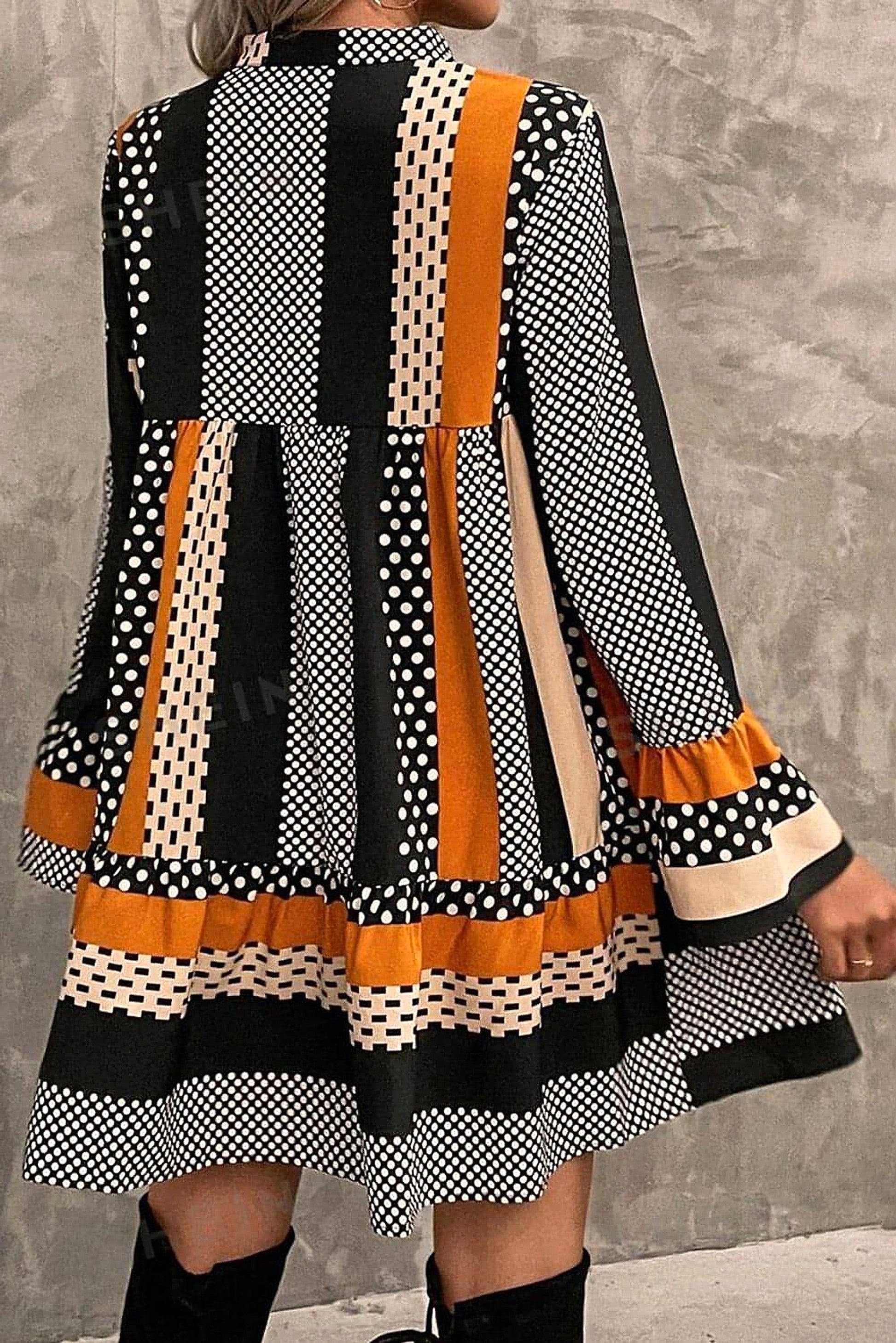 Black Striped Polka Dot Print Ruffled Hem V Neck Mini Dress - enhanced image 10