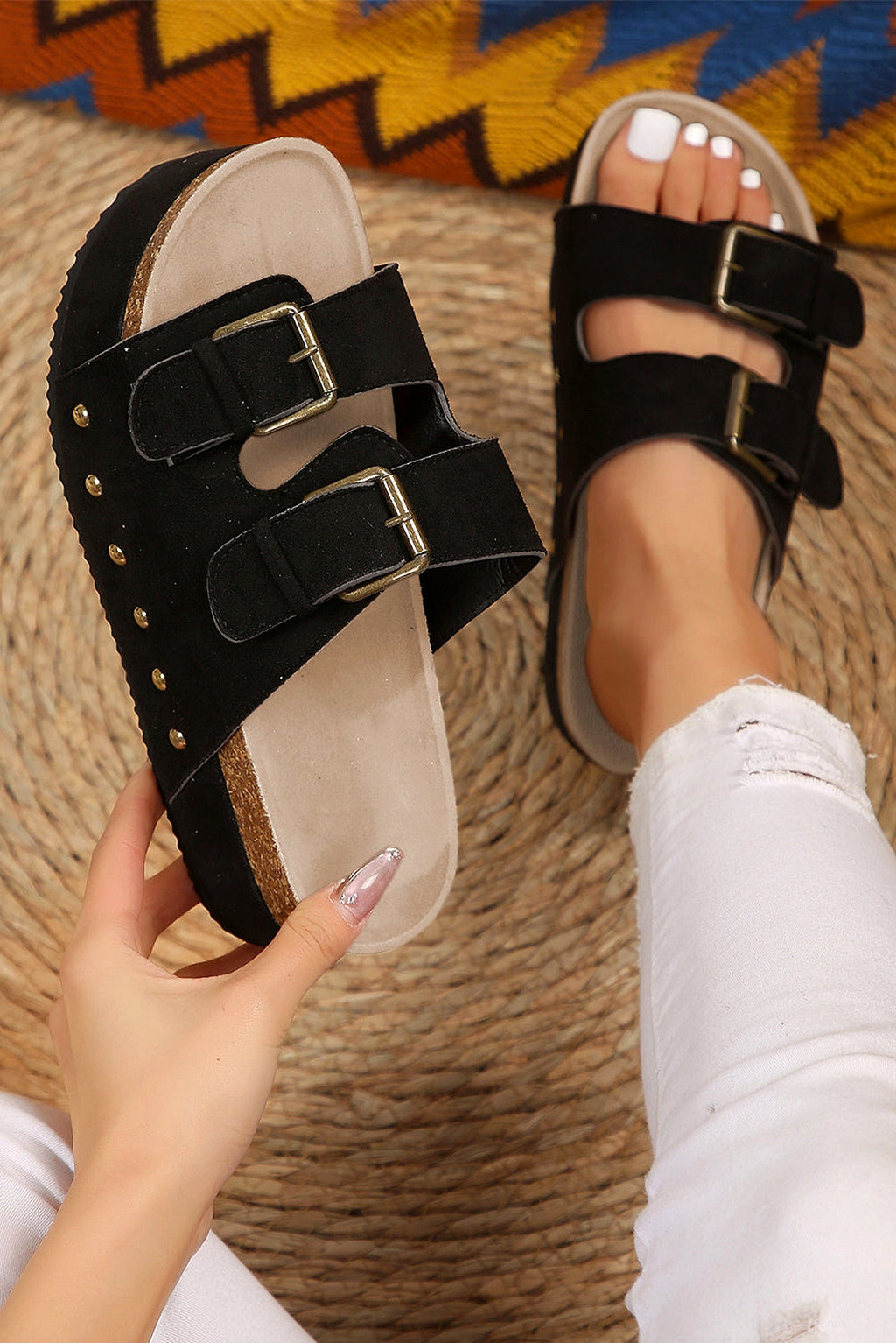 Black Suede Buckle Decor Footbed Sandal Slippers - enhanced image 10