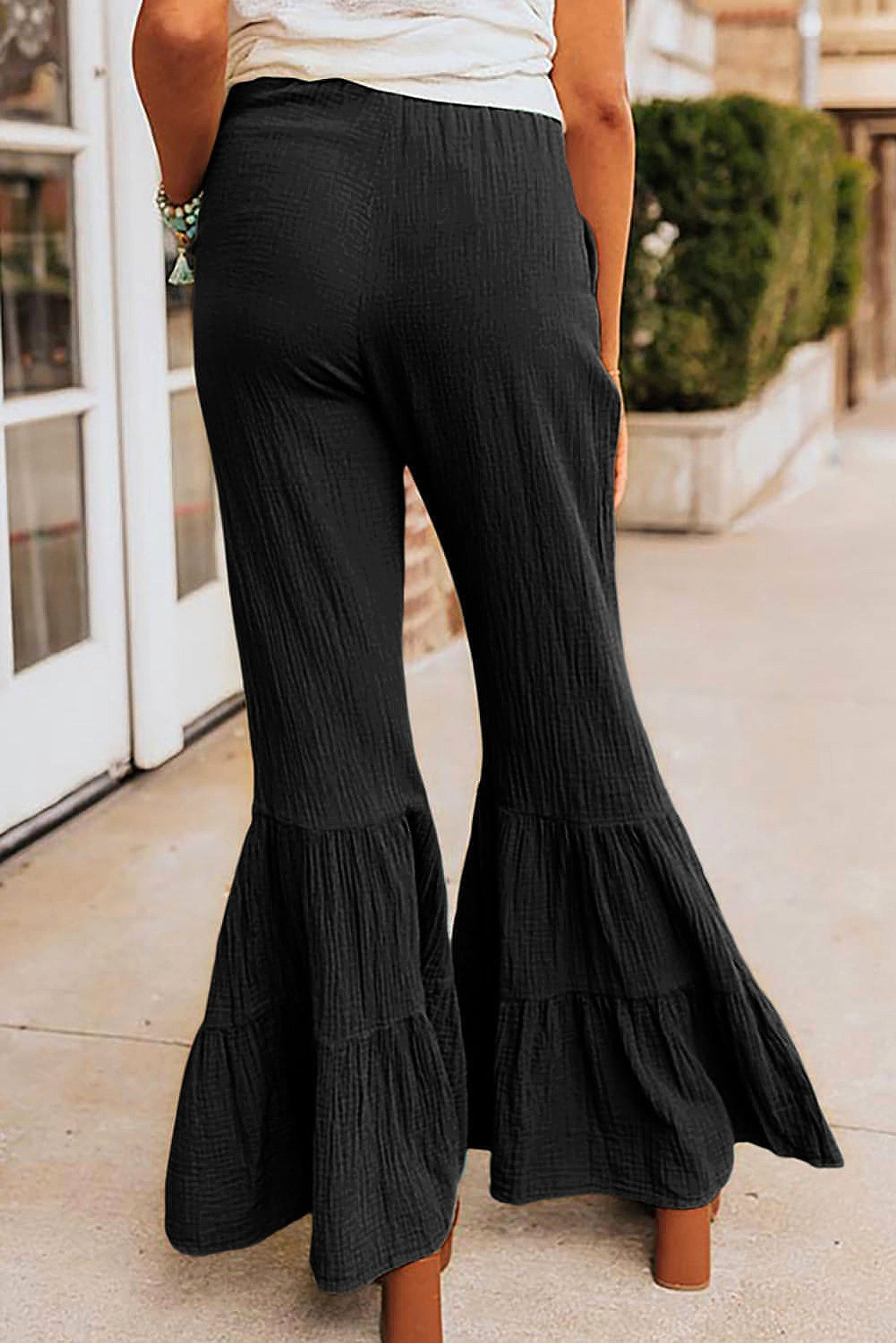Black Textured High Waist Ruffled Bell Bottom Pants - enhanced image 10