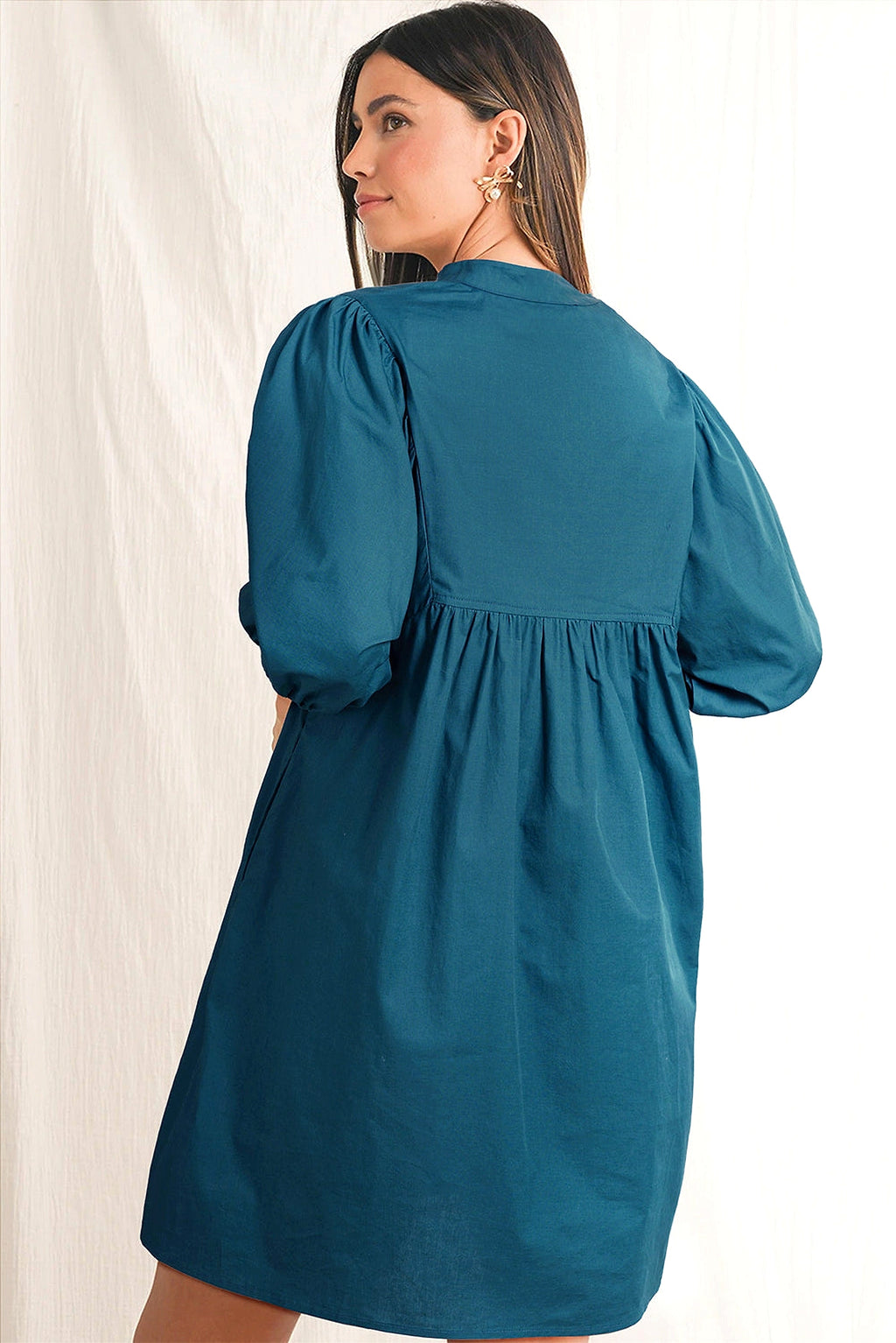 Blue Sapphire Colorblock Split V Neck Puff Sleeve Mini Dress - enhanced image 10