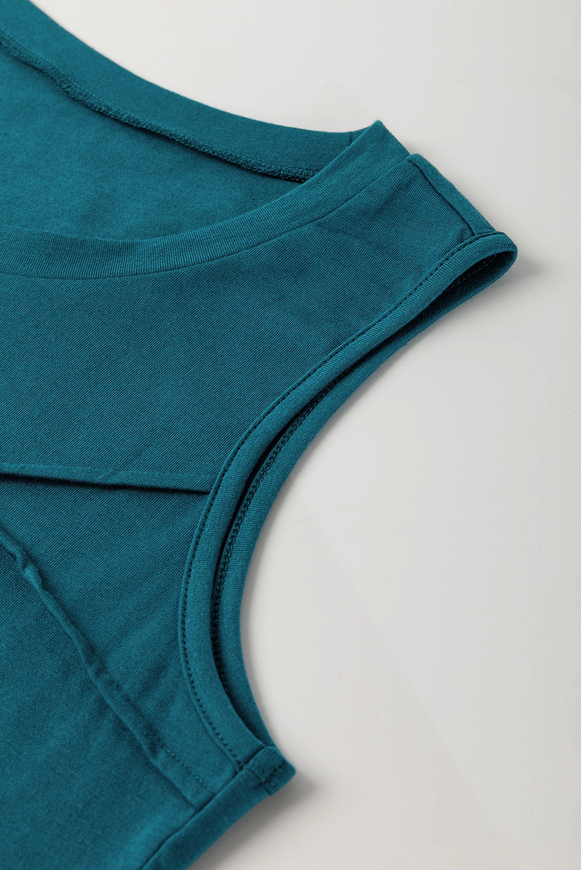 Blue Sapphire Solid Color Stitching Detail Round Neck Tank Top - enhanced image 10