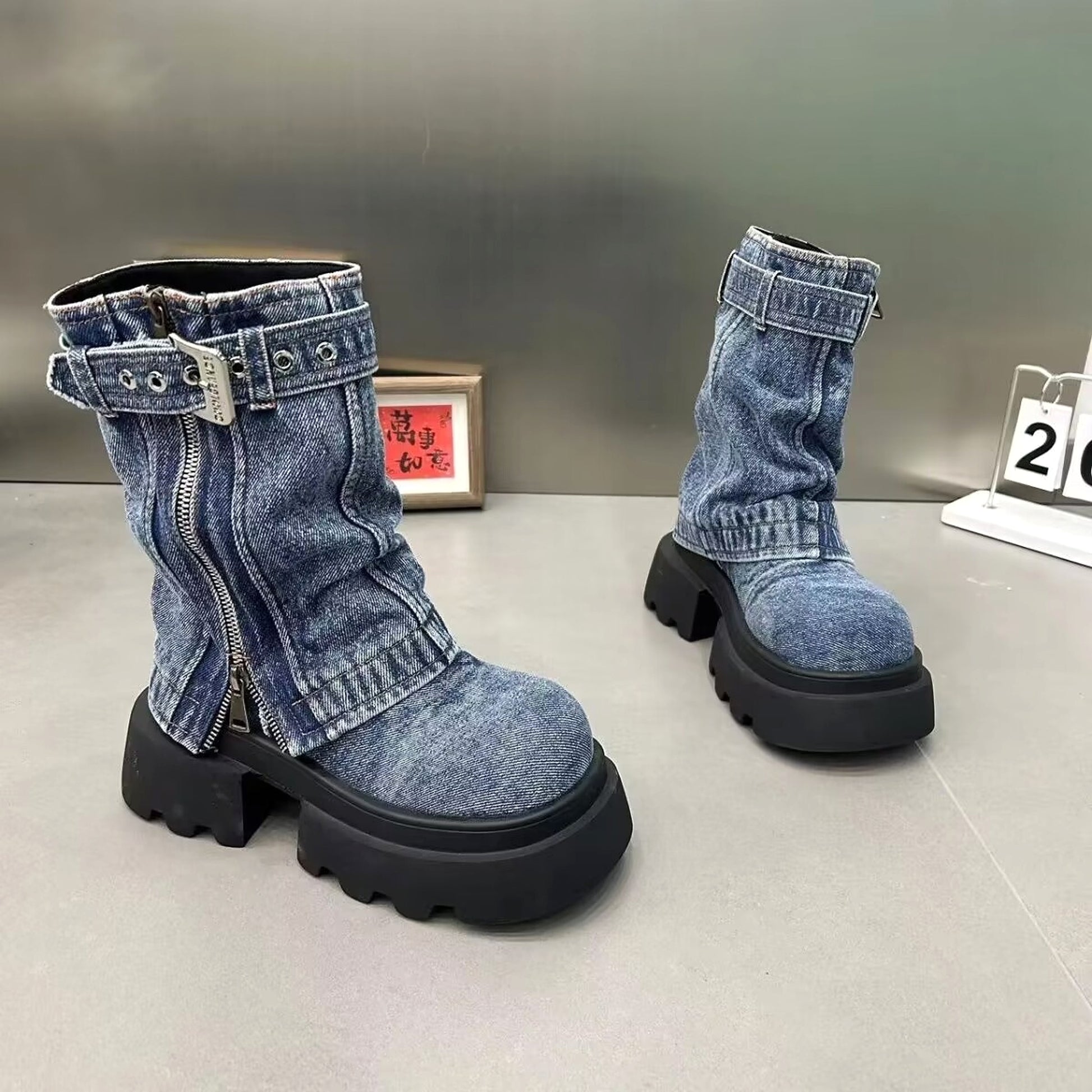 Boots Denim Fake Two Pieces Pile Style Boots Motorcycle Boots - enhanced image 10