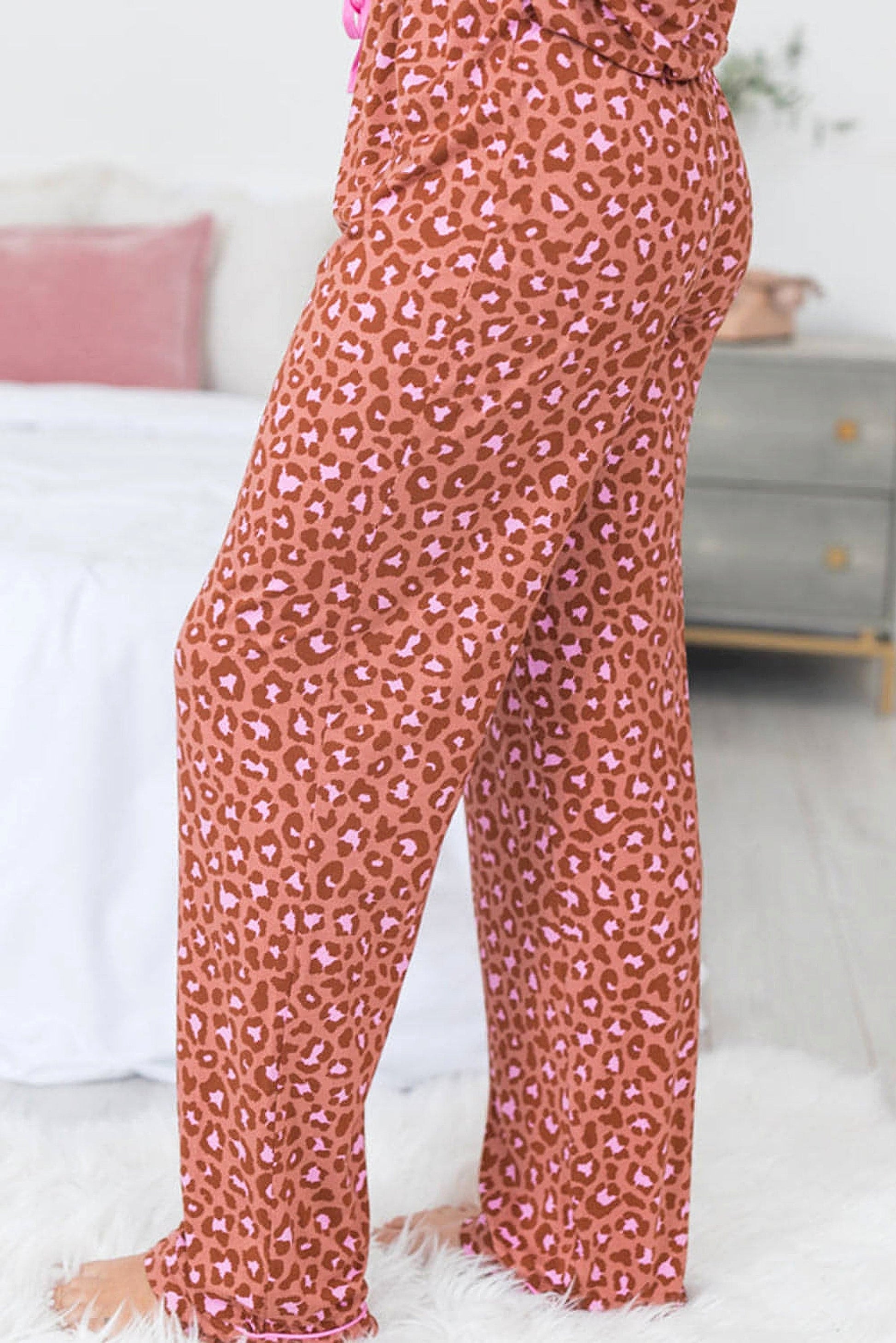 Brown Leopard Print Short Sleeve Shirt and Pants Pajamas Set - enhanced image 10