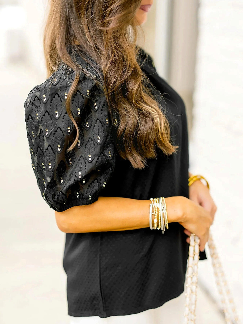 Bubble Sleeve Patchwork Textured Blouse - enhanced image 10
