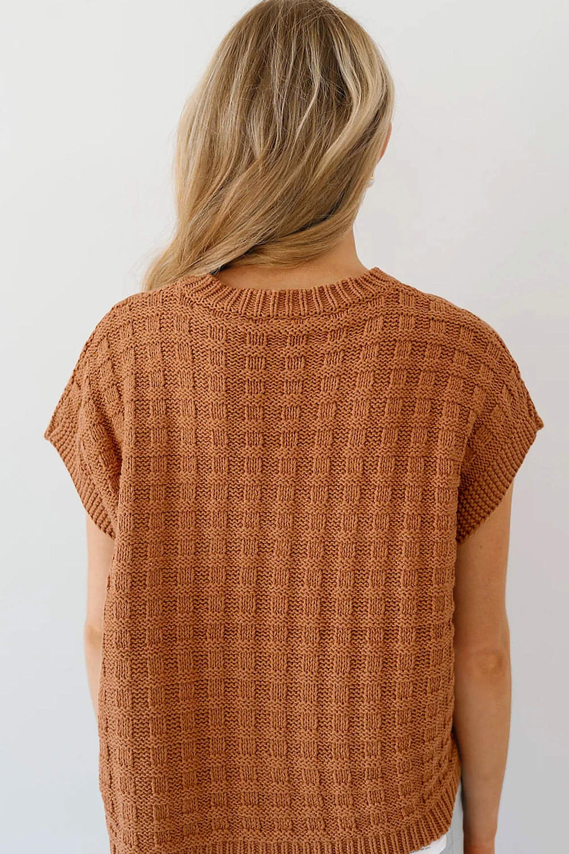 Camel Round Neck Textured Knit Sweater Vest - enhanced image 10