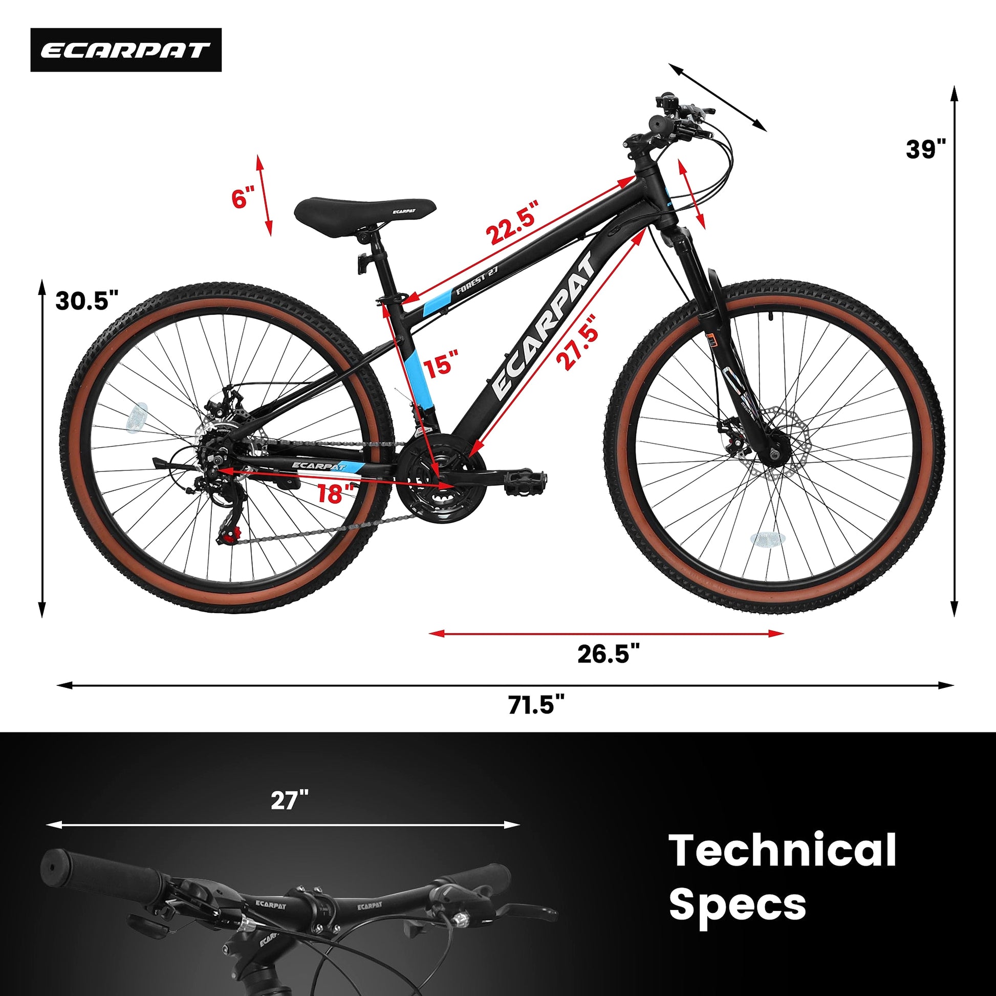 Carpat™ MTB Velocity 27 – 27.5" ALUMINIUM Mountain Bike (21-Speed, Black-Blue) - enhanced image 10