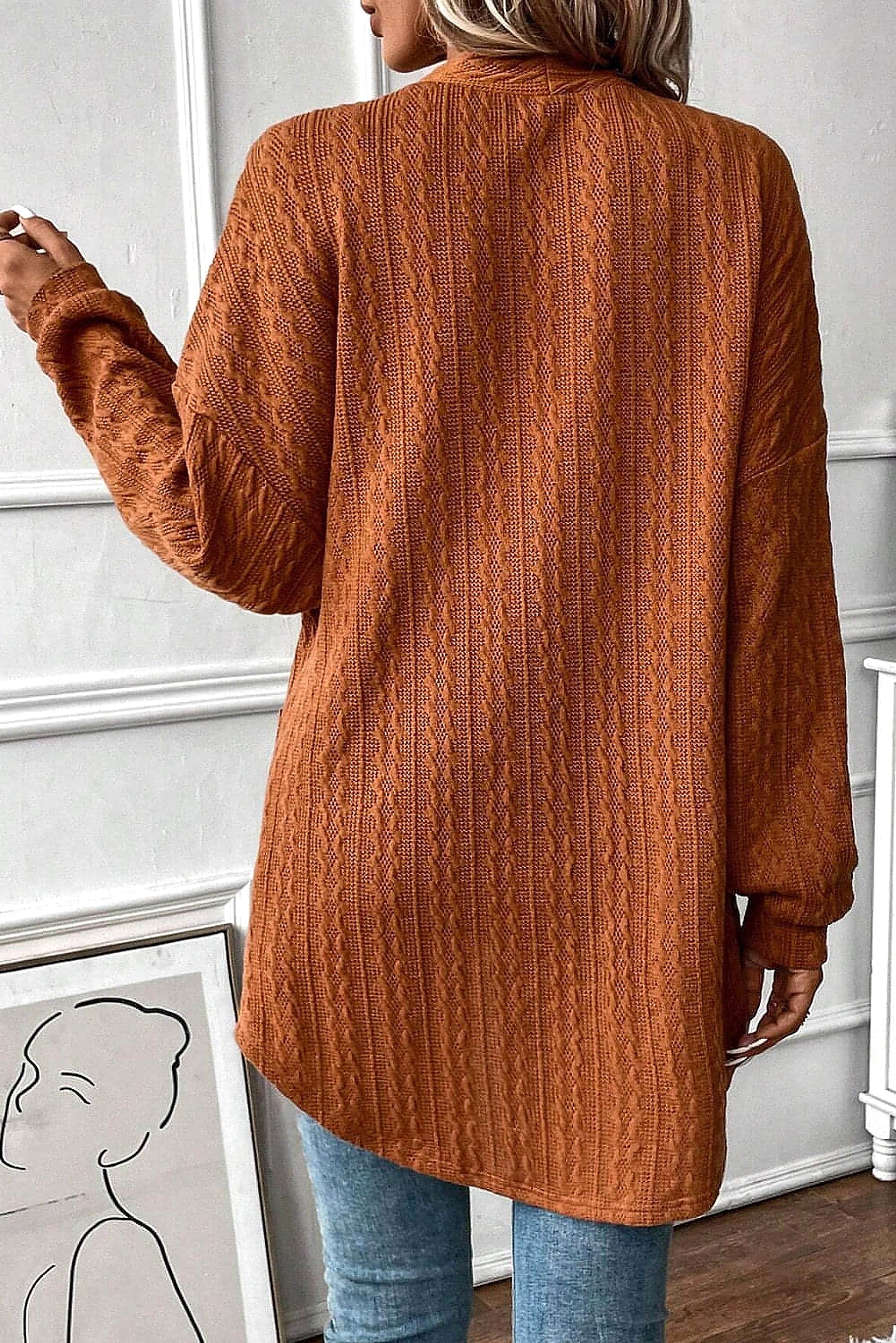 Chestnut Textured Knit Side Pockets Open Front Cardigan - enhanced image 10