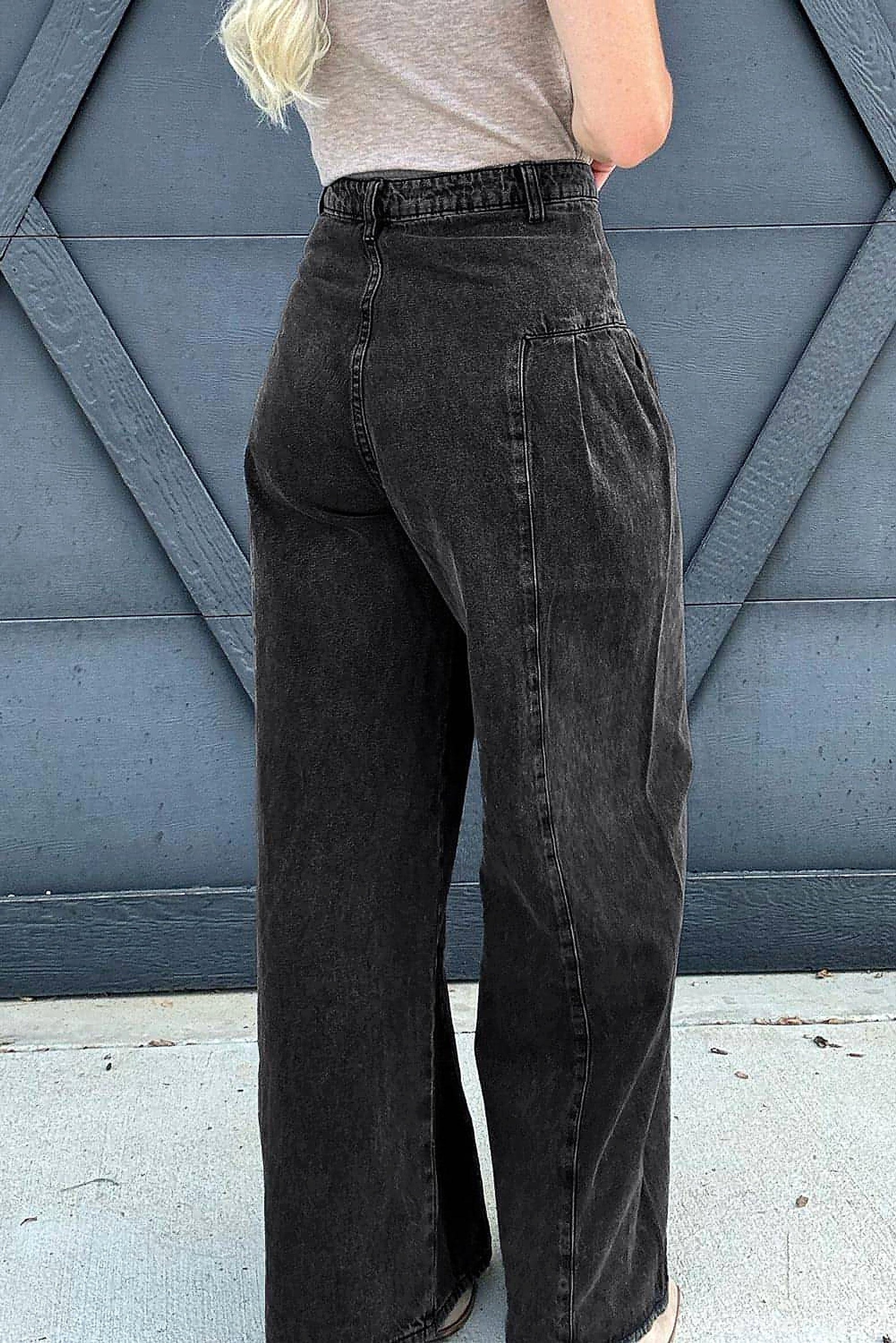 Dark Grey Pleated Wide Leg Mineral Wash Denim Pants - enhanced image 10