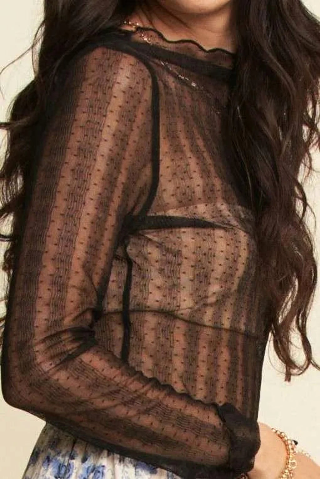 Davi & Dani Turtle Neck Lace Dotted Stretch Mesh Sheer Top - enhanced image 10
