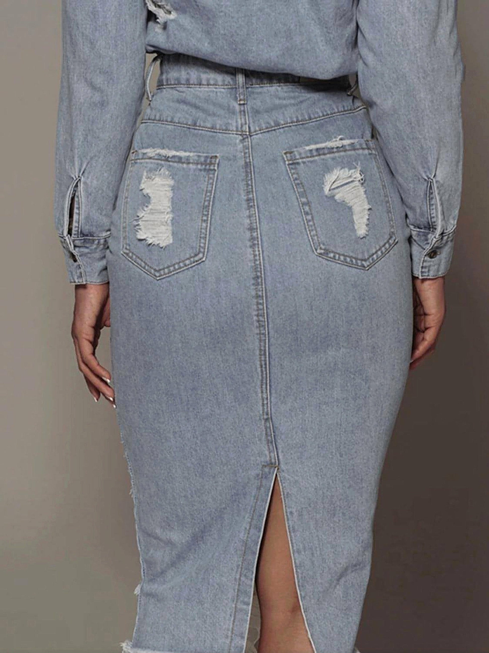 Distressed Slit Denim Skirt - enhanced image 10